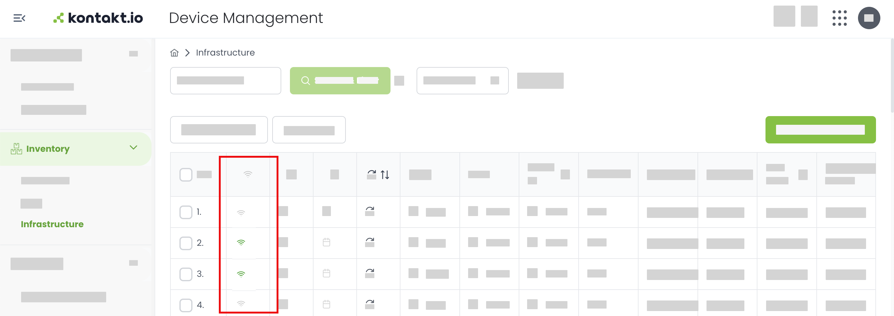 Kio Cloud Device Management - Portal Light Status column showing offline and online status