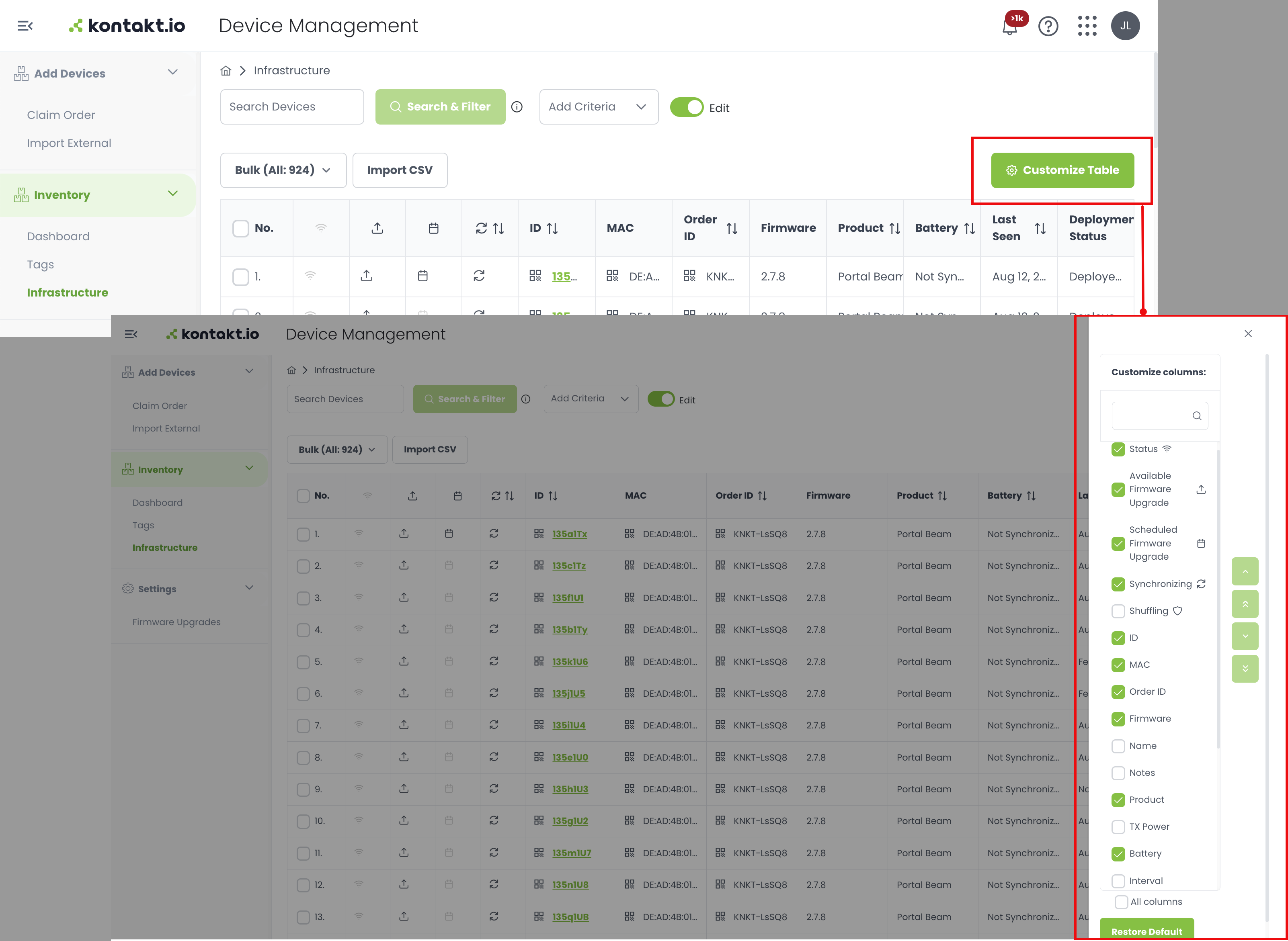 Kio Cloud Device Management - set columns displayed in views
