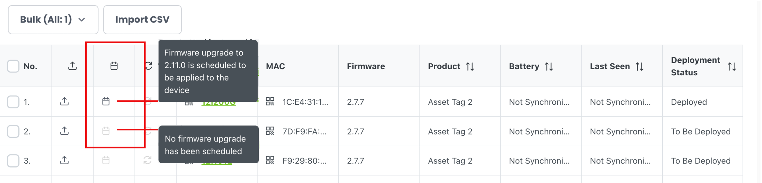 Kio Cloud Device Management Firmware upgrade column