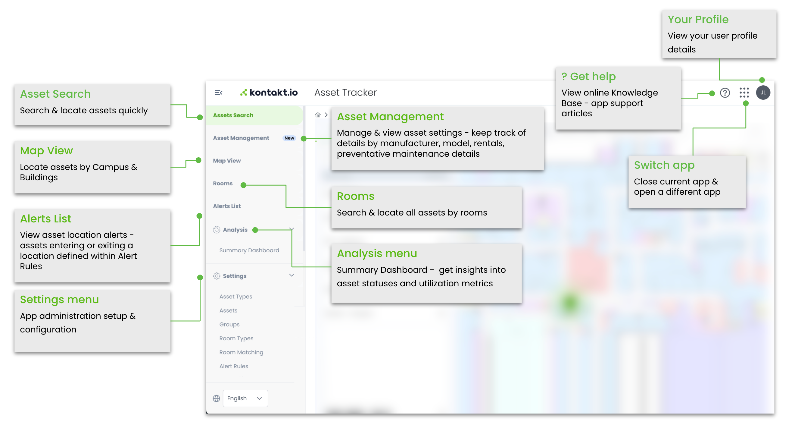 Kio Asset Tracker navigation