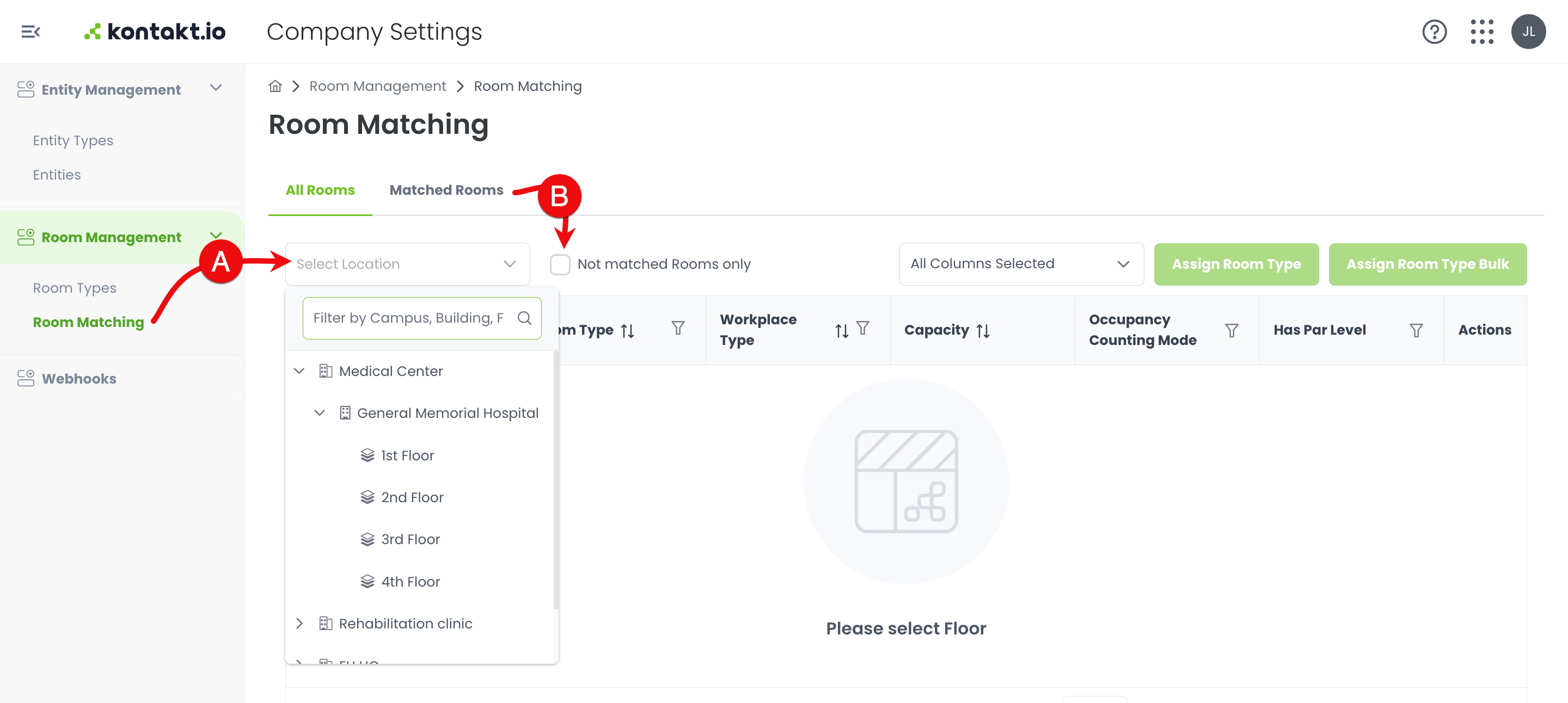 Room Matching select location