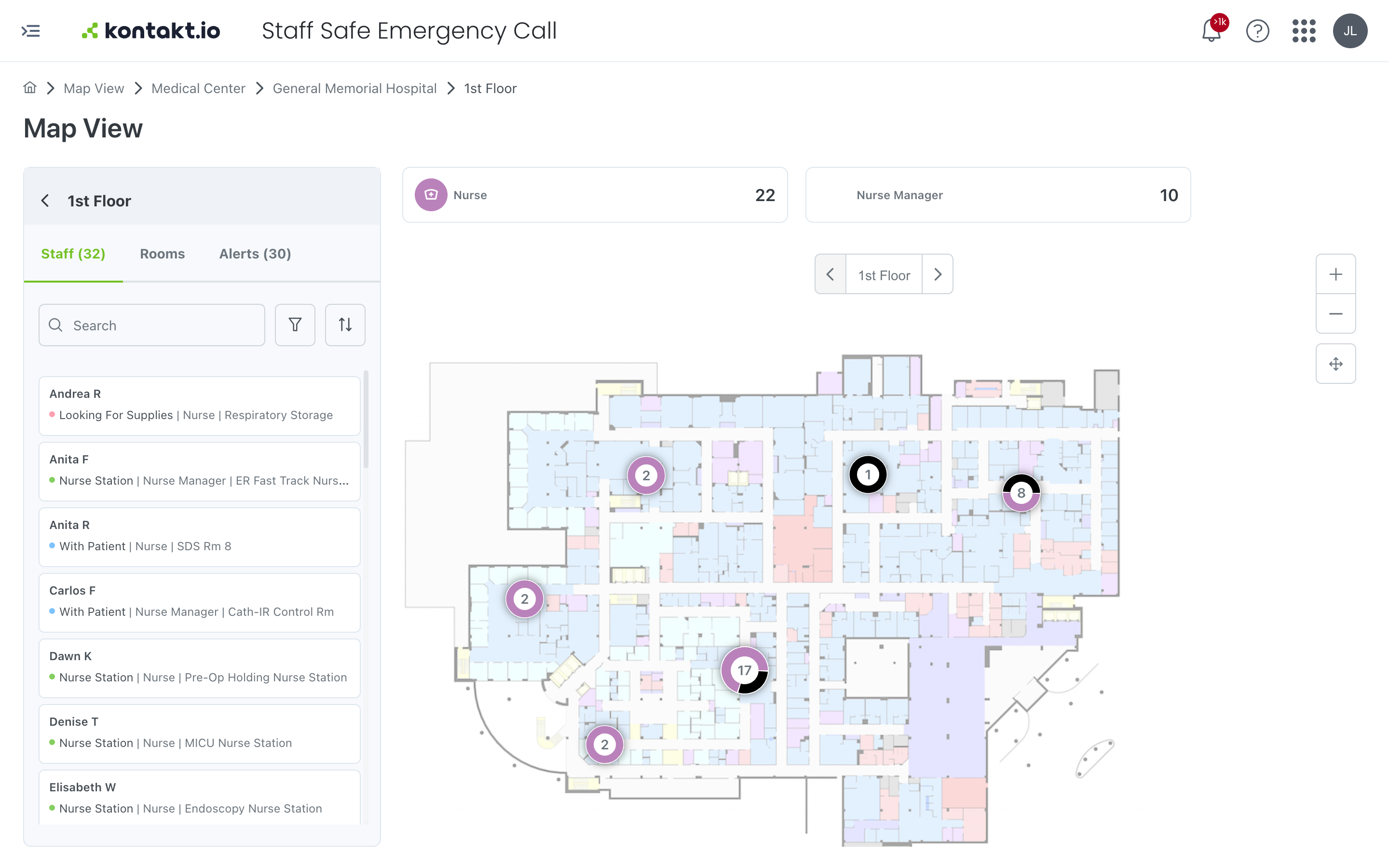 Staff Safe Map View - view staff locations and active alerts by campus, building, floor and room level