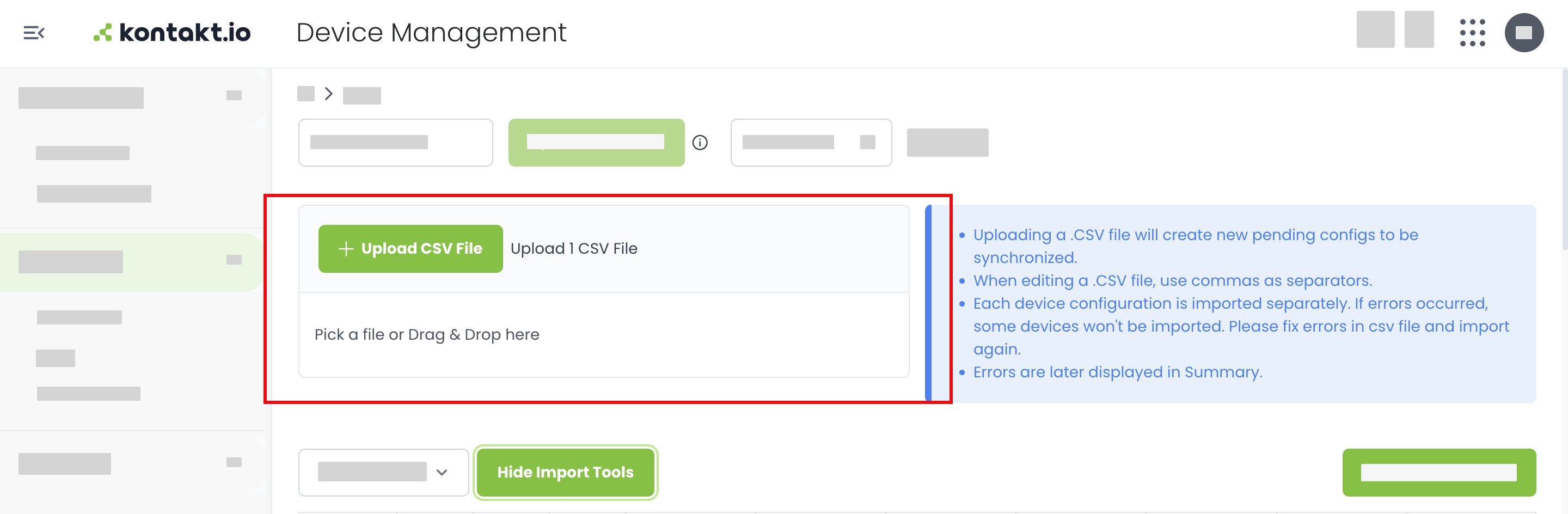 Kio Cloud Device Management. Import CSV file