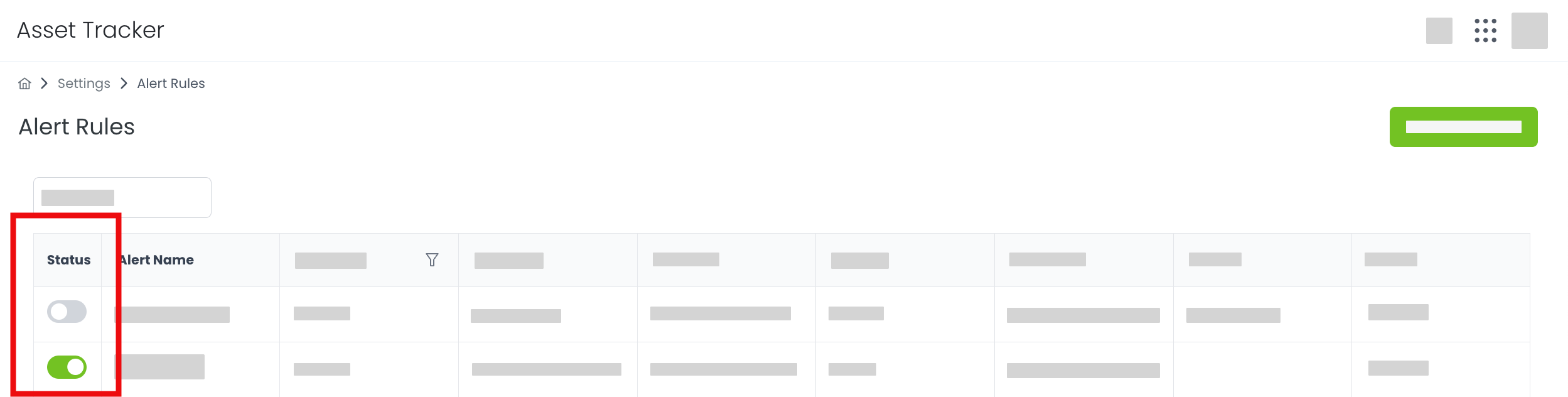 Enable or disable an Alert Rule from the Status column