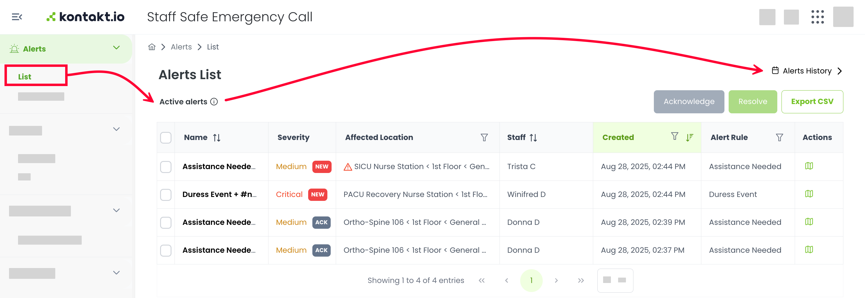 Staff Safe Alerts List view
