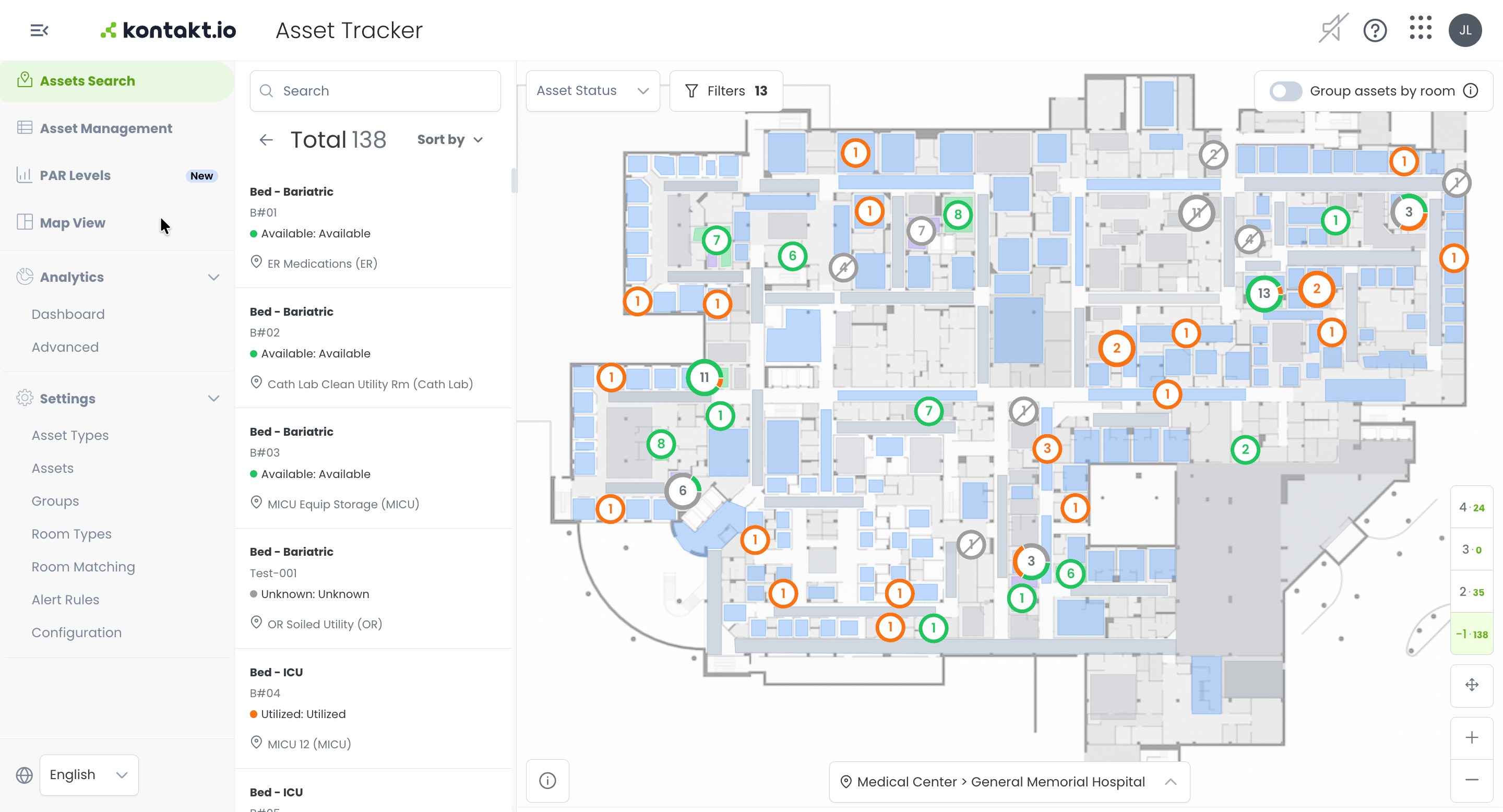 Assets Search showing the floor map with asset status pins, the asset list, and per-floor asset counts in the floor selector