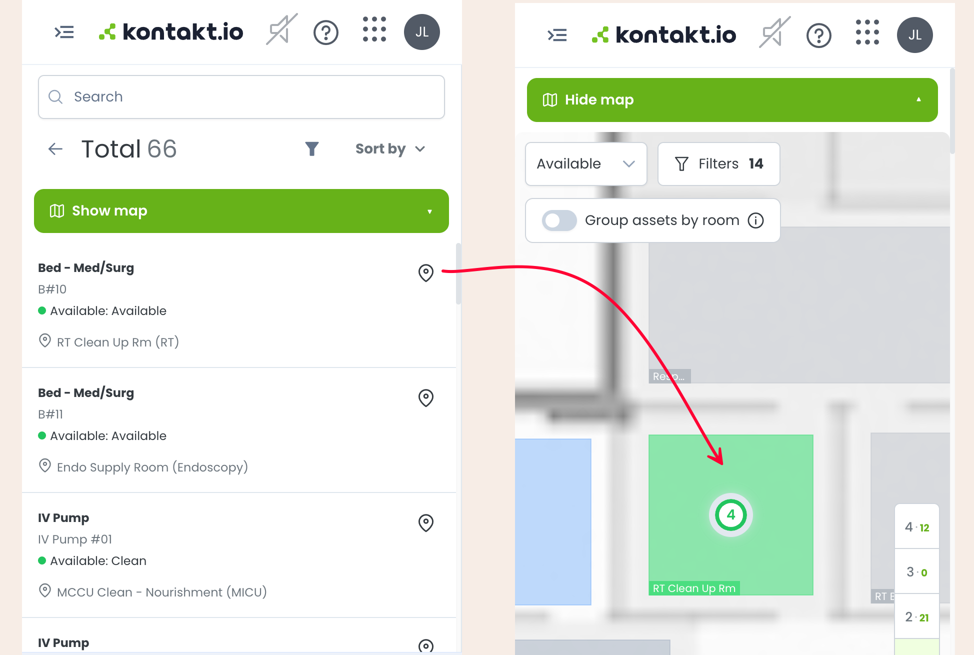 Assets Search on a mobile browser: the asset list with Show map, and the floor map centered on a selected asset's room after selecting its map button