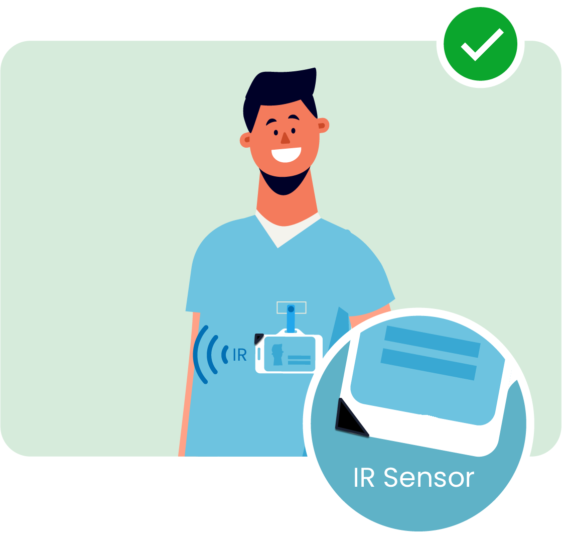 Badge worn on the outside of clothing with the IR sensor visible
