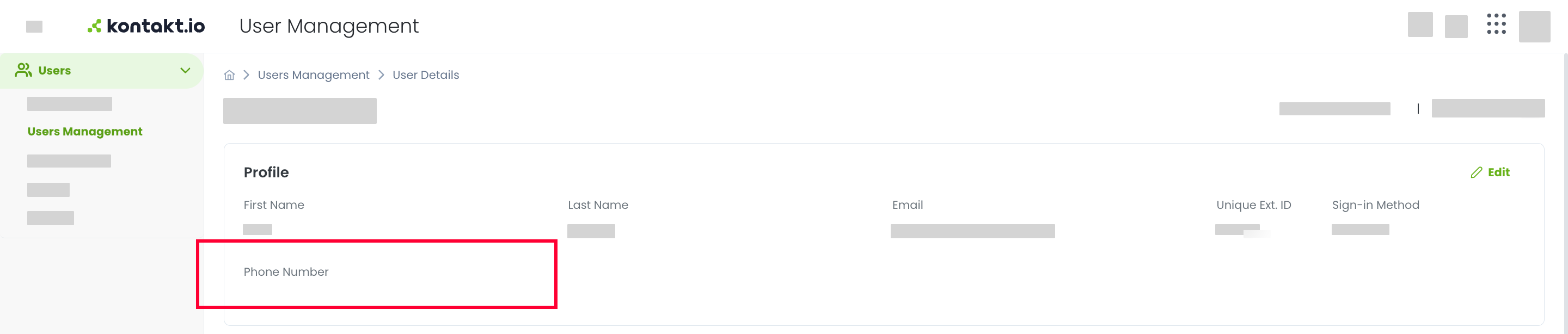 The Profile section on a user's details page in the Users app, showing the Phone Number field below First Name, Last Name, Email, Unique Ext. ID, and Sign-in Method