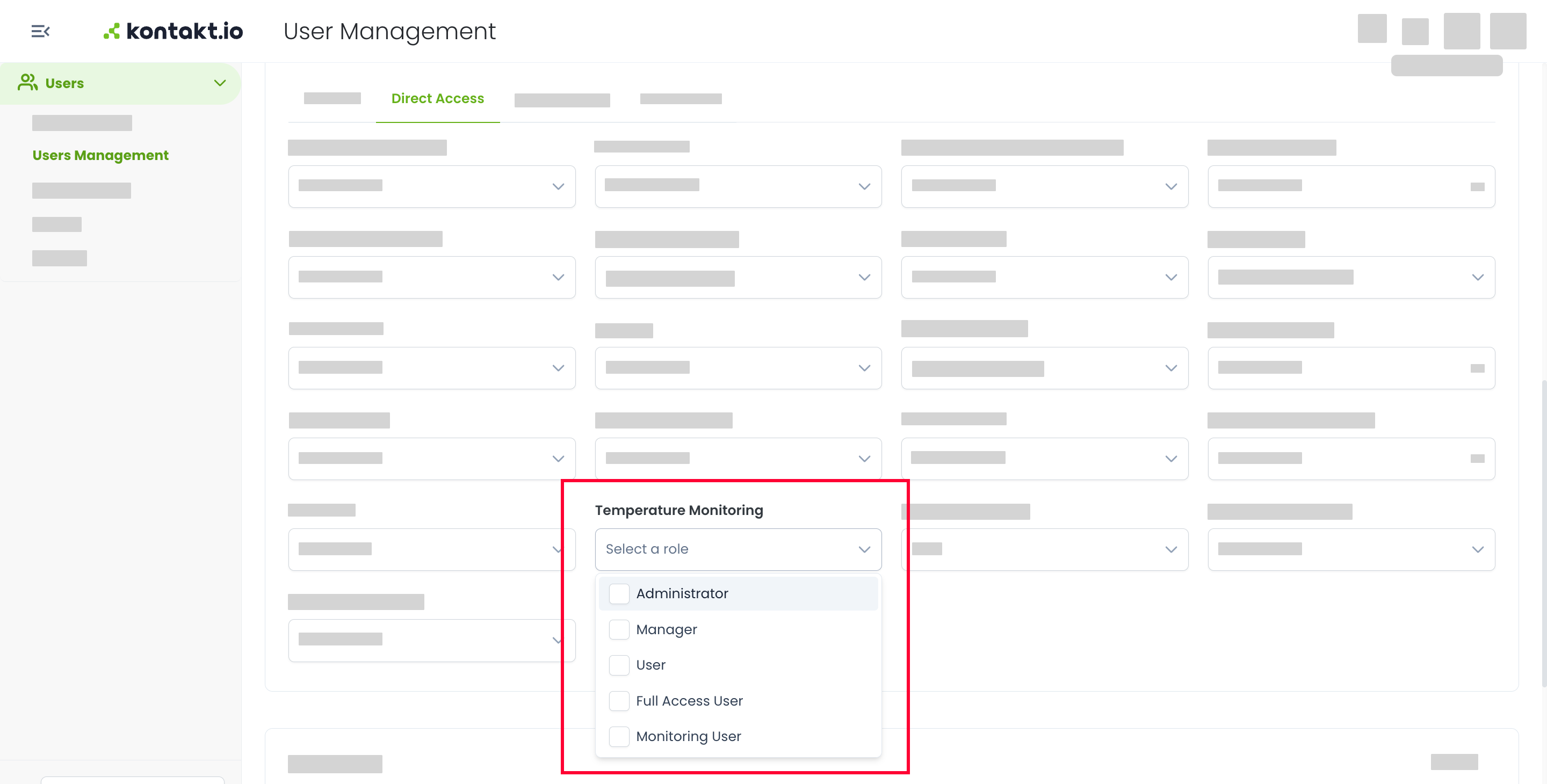 The Temperature Monitoring role list on the Direct Access tab in the Users app, showing Administrator, Manager, User, Full Access User, and Monitoring User