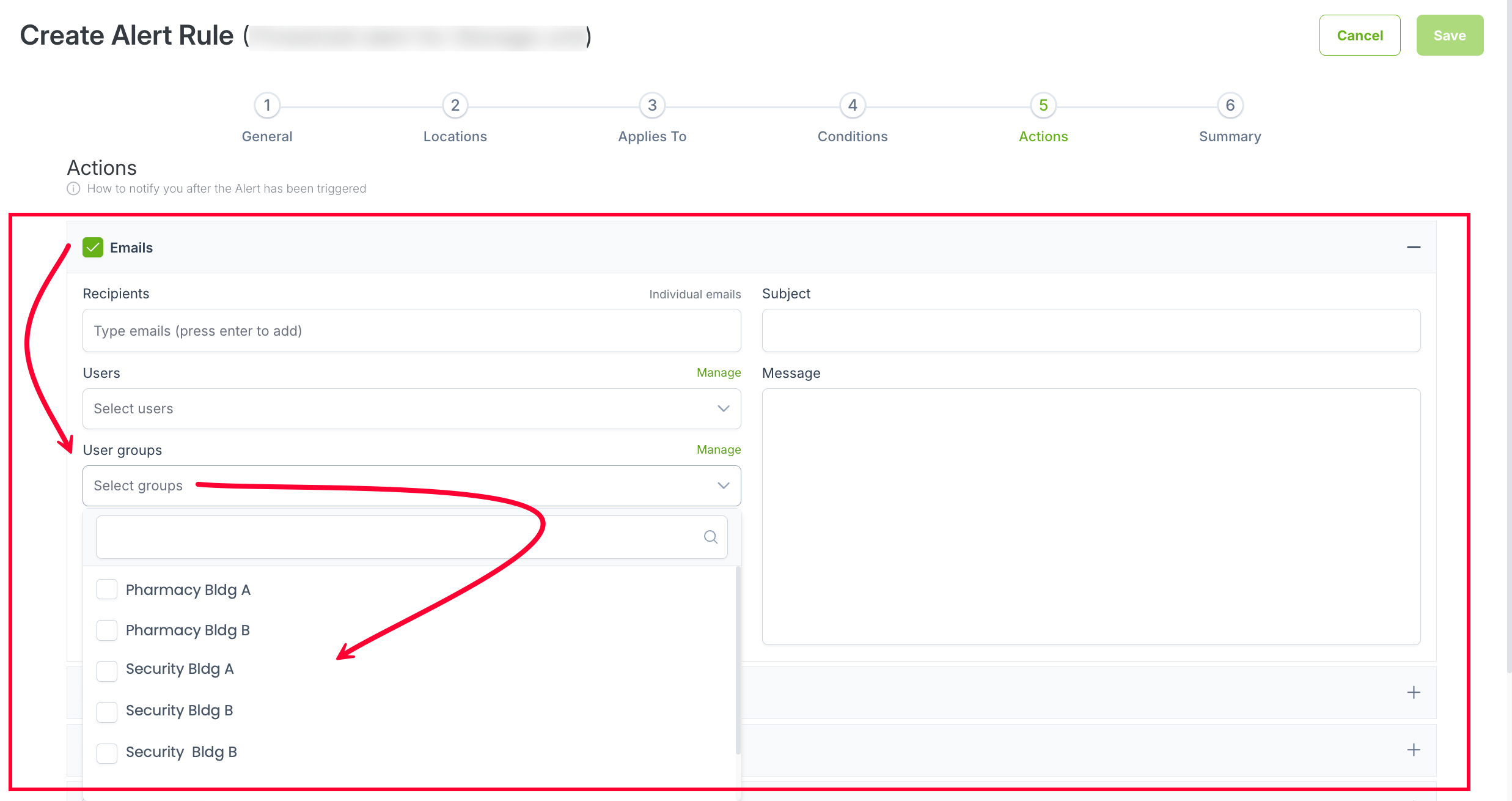 The Emails action with the User groups list open, showing selectable Groups managed in the Users app