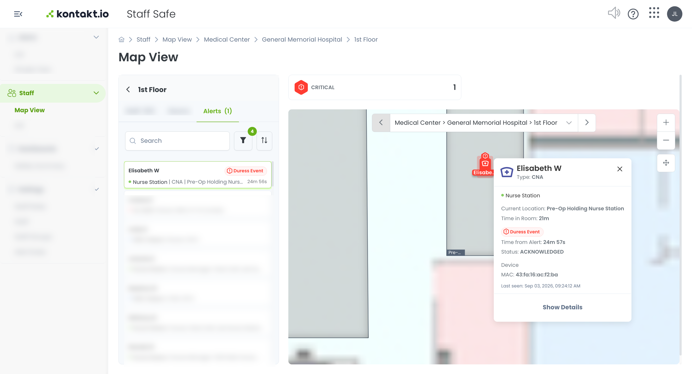 Map View for the 1st Floor: the Alerts tab lists a staff member with a Duress Event badge, and a marker on the floor plan opens a card showing their type, current room, time in room, alert status, and device