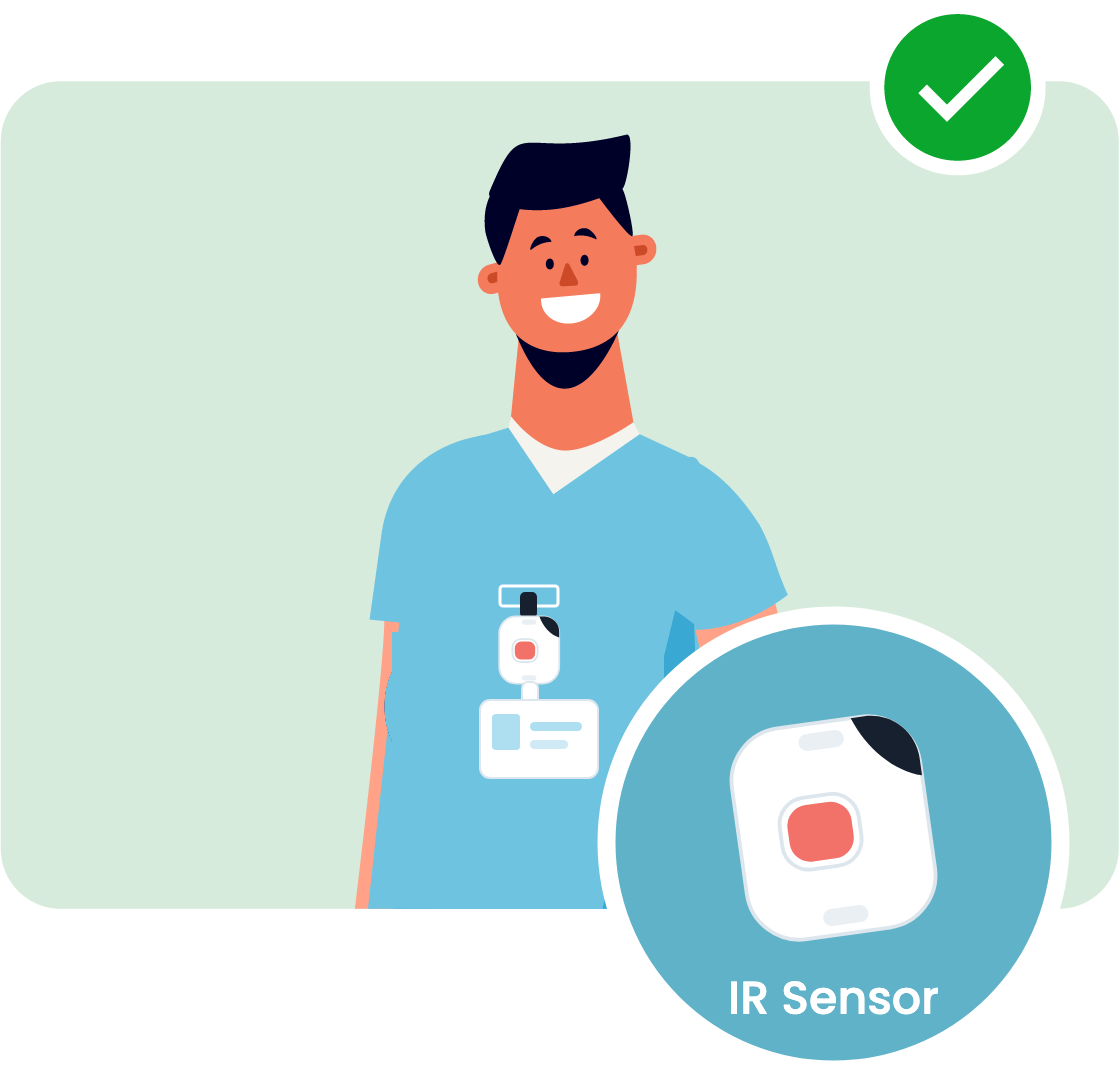 Smart Badge 3 Mini clipped above an ID card, IR sensor facing out