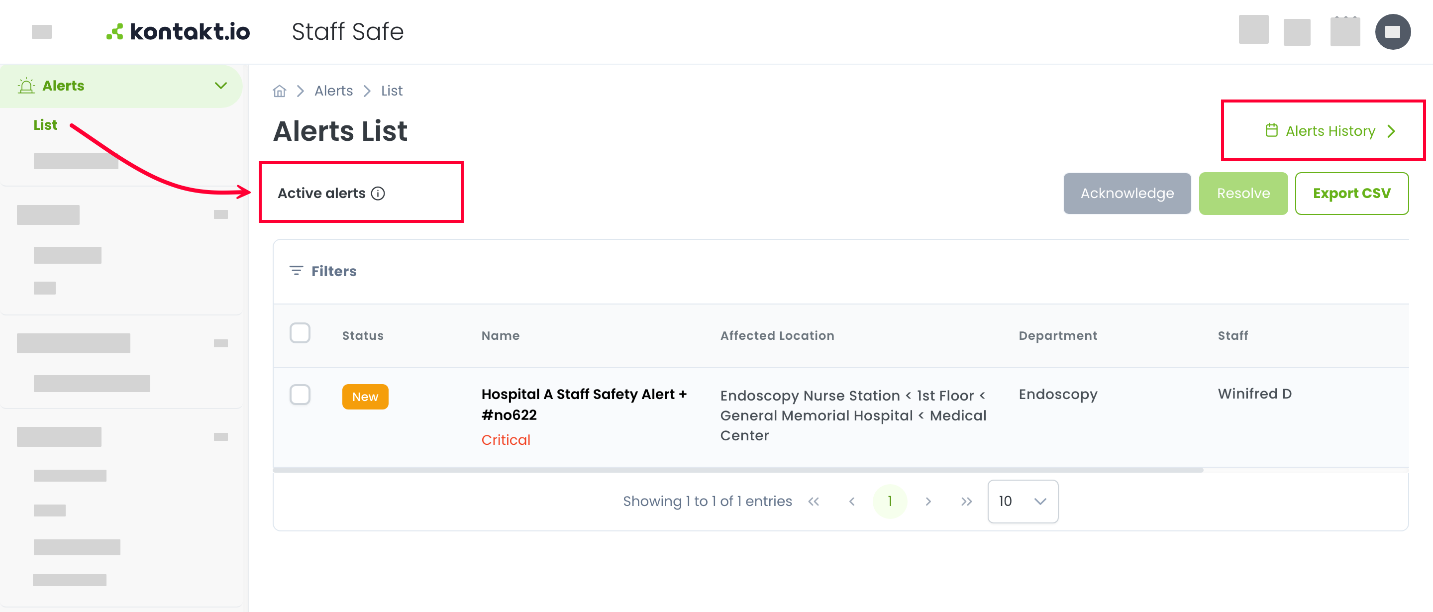 The Alerts List page showing Active alerts, with an arrow from List in the Alerts menu and the Alerts History link boxed at the top right. The table lists a New Critical alert with Status, Name, Affected Location, Department, and Staff columns, and Acknowledge, Resolve, and Export CSV buttons sit above it.