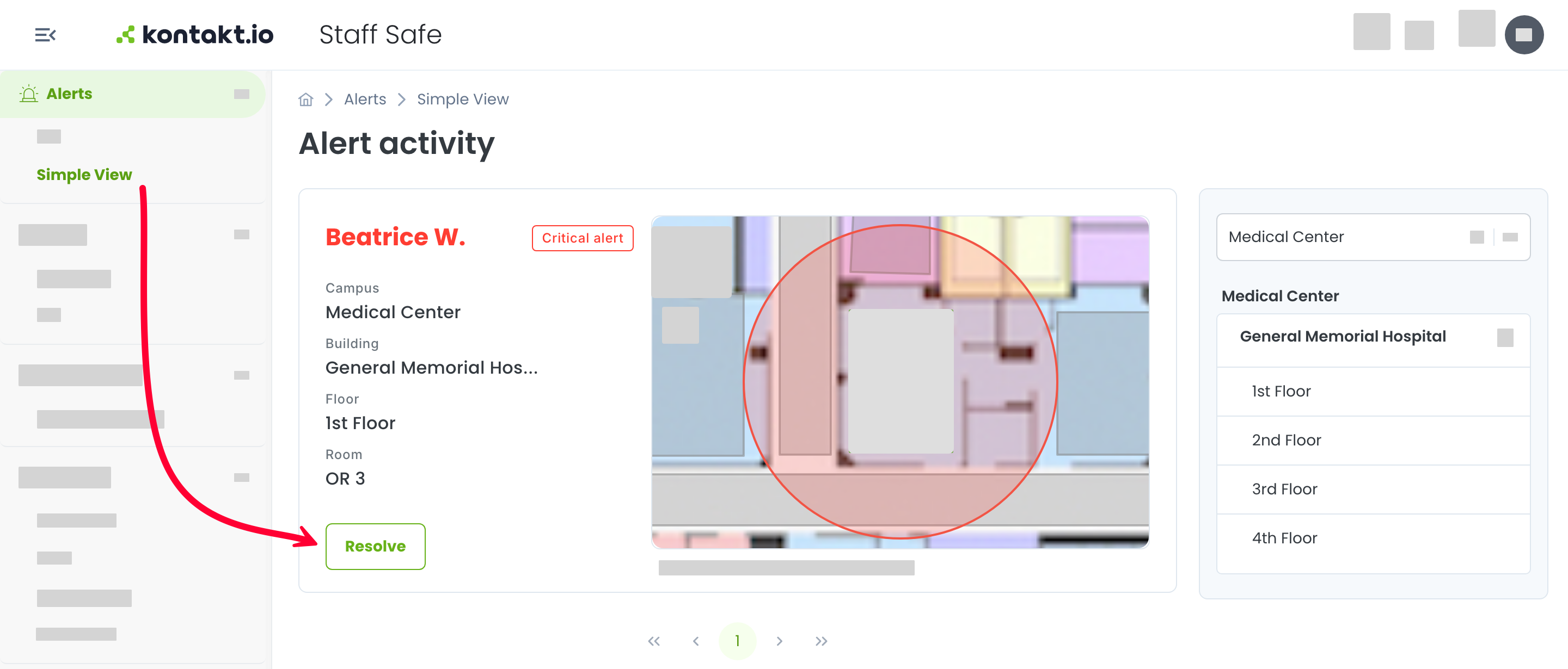 The Simple View showing an acknowledged Critical alert for Beatrice W. — the card background is white, the staff name and the Critical alert badge are red, and the Campus, Building, Floor, and Room of the last received location are listed beside a floor plan with the location circled. An arrow points to the green Resolve button.