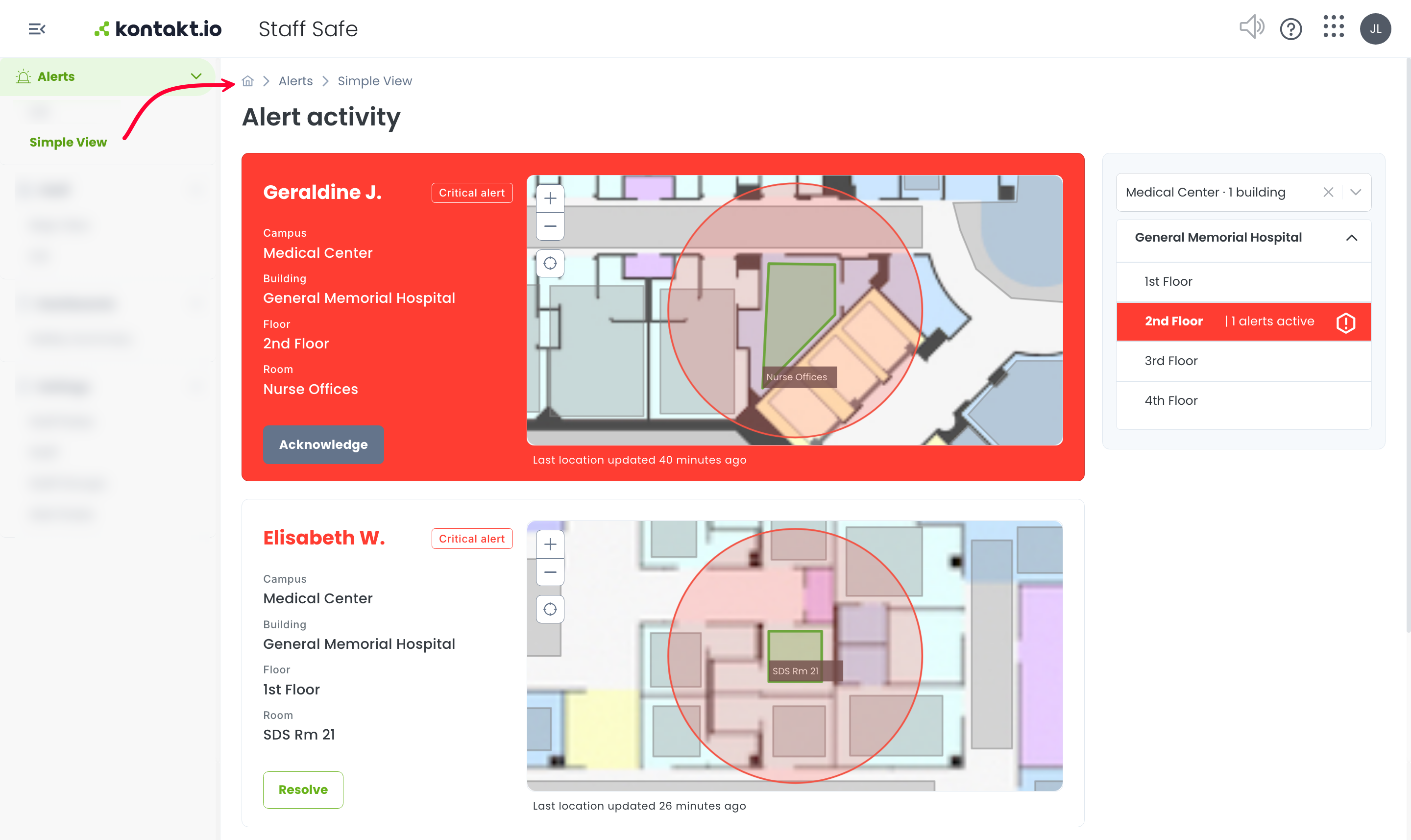 The Simple View Alert activity page: two critical alerts with staff name, campus, building, floor and room, a floor map, and the location filter and floor list on the right