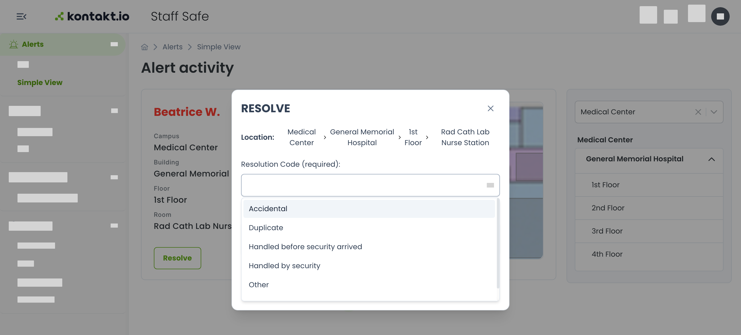 The Resolve dialog open over the Simple View. Location reads Medical Center > General Memorial Hospital > 1st Floor > Rad Cath Lab Nurse Station, and the required Resolution Code list is open showing Accidental, Duplicate, Handled before security arrived, Handled by security, and Other. Behind the dialog, the acknowledged alert card for Beatrice W. shows a green Resolve button.