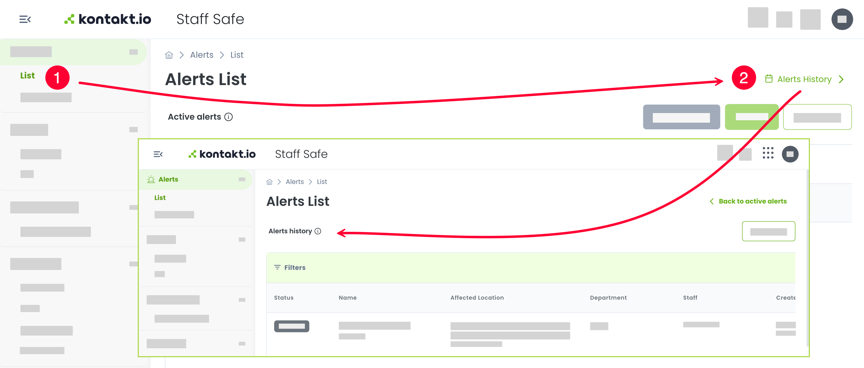 Two views of Staff Safe. In the first, the Alerts List page shows Active alerts, with callout 1 pointing to List in the Alerts menu on the left and callout 2 pointing to the Alerts History link at the top right. An arrow leads to the second view, the Alerts history page, which has a Back to active alerts link, a Filters bar, and a table of resolved alerts with Status, Name, Affected Location, Department, Staff, and Created columns.