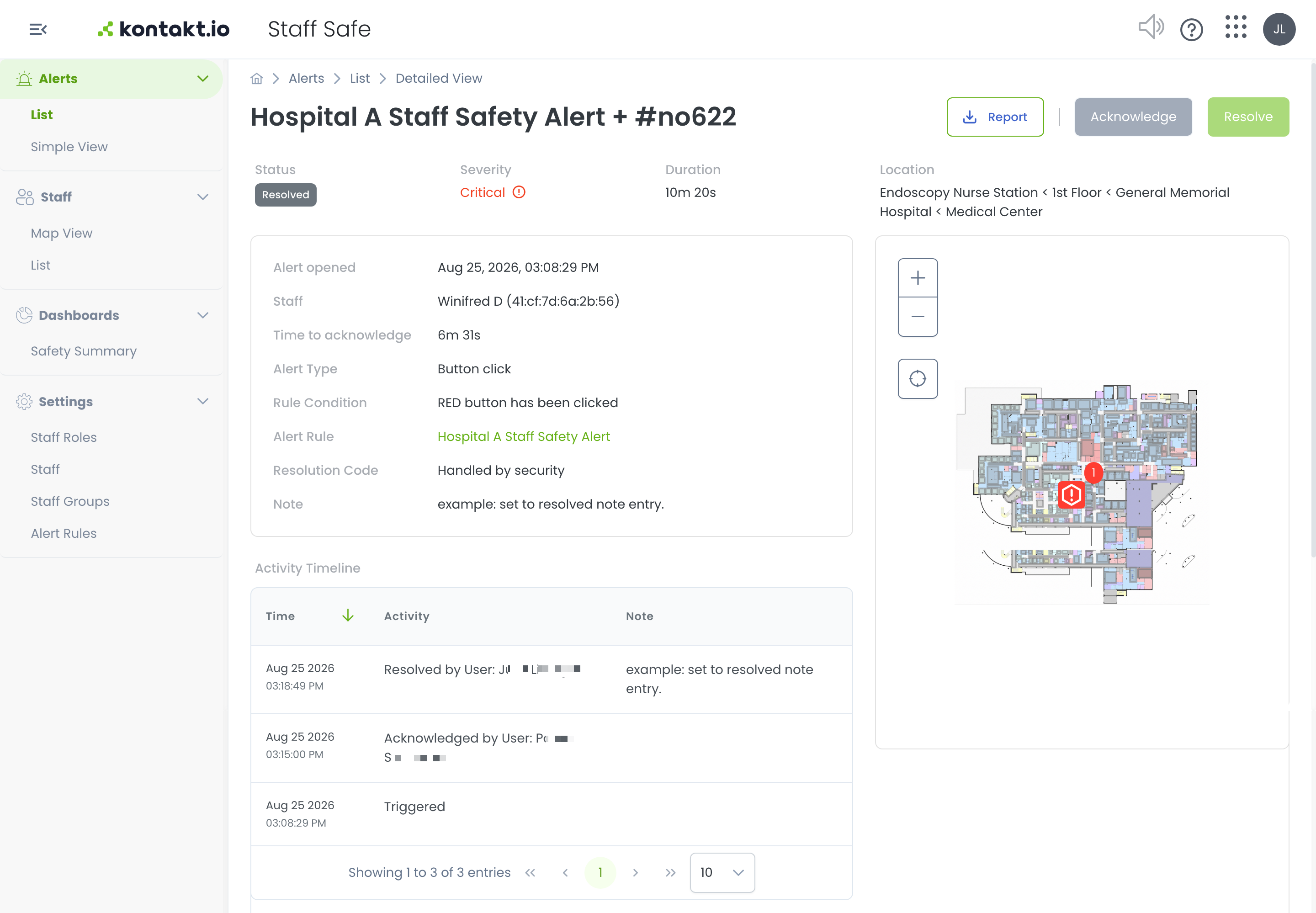The profile of a Resolved alert. Status reads Resolved and the details now include a Resolution Code of Handled by security and a Note. The Activity Timeline shows three entries — resolved, acknowledged, and triggered.