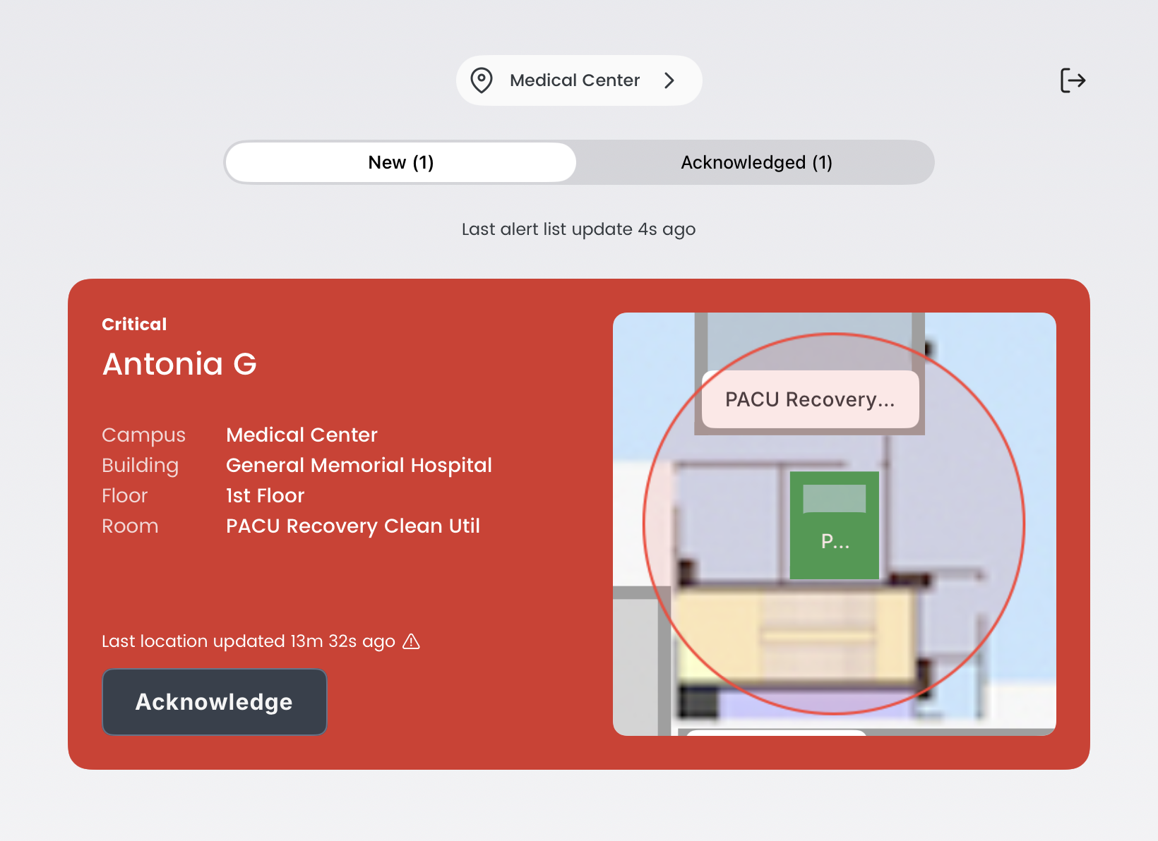 A critical alert on the New tab, showing the staff member's name, campus, building, floor and room, a floor map, and the Acknowledge button