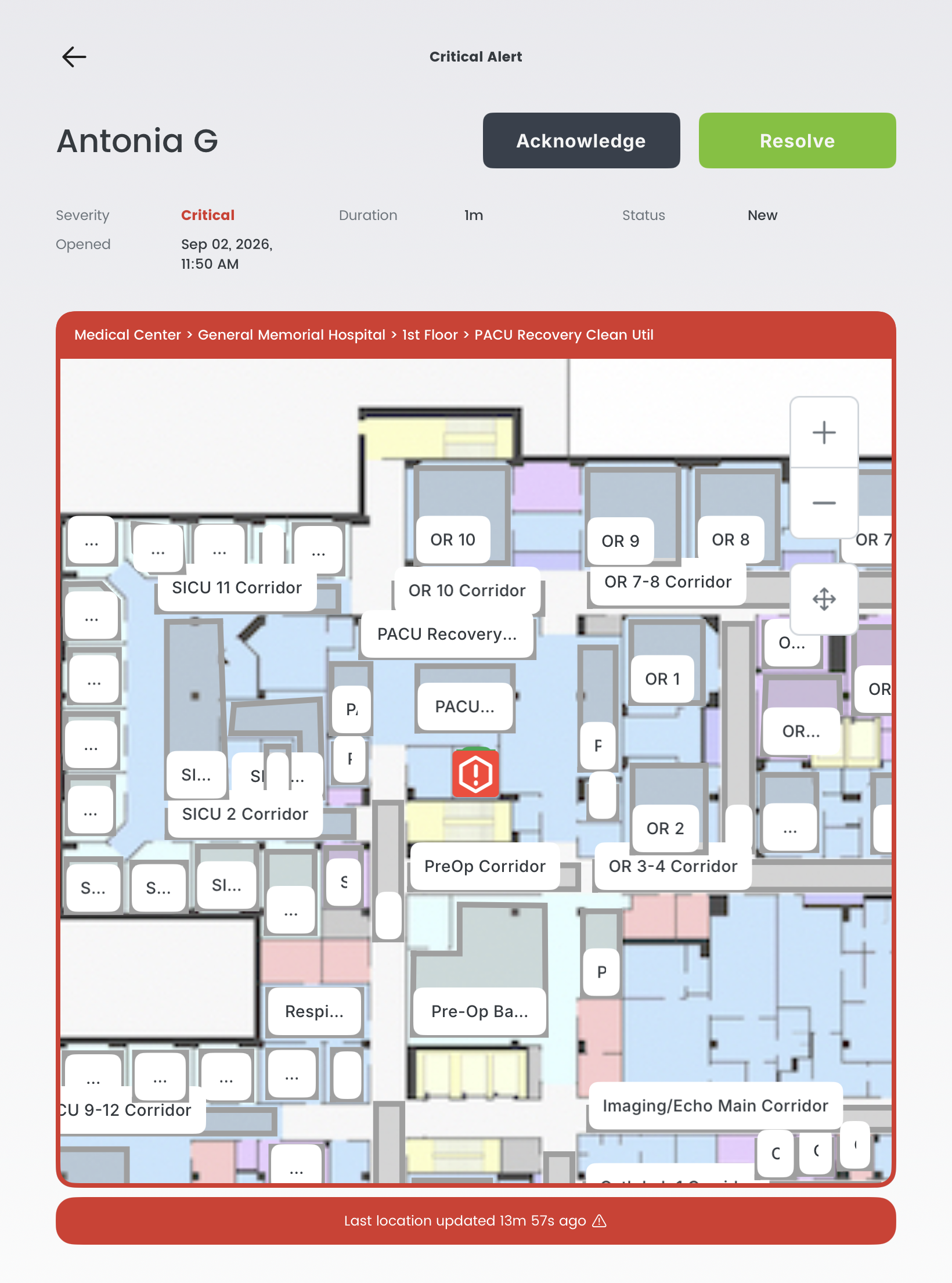 The full alert details screen, showing severity, duration, status, when the alert opened, the location breadcrumb, a floor map pinning the alert, and the Acknowledge and Resolve buttons