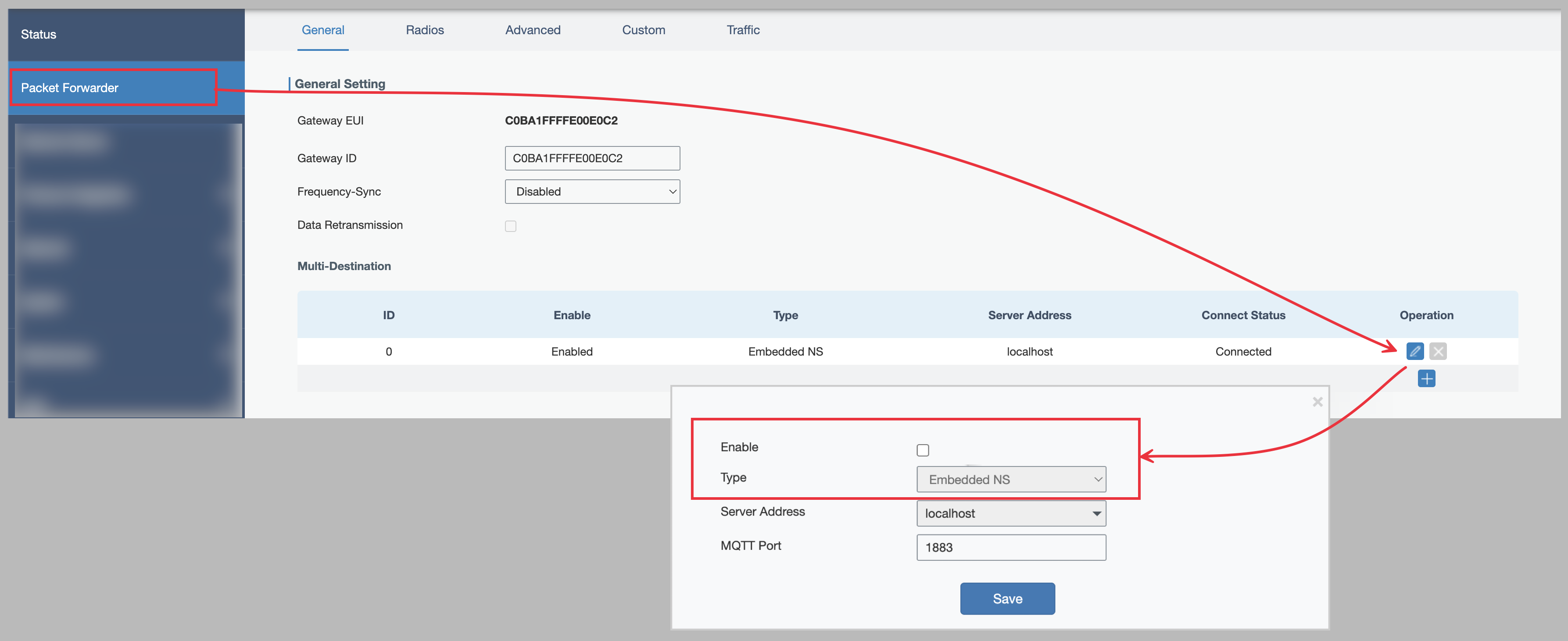 Packet Forwarder menu showing the default forwarder