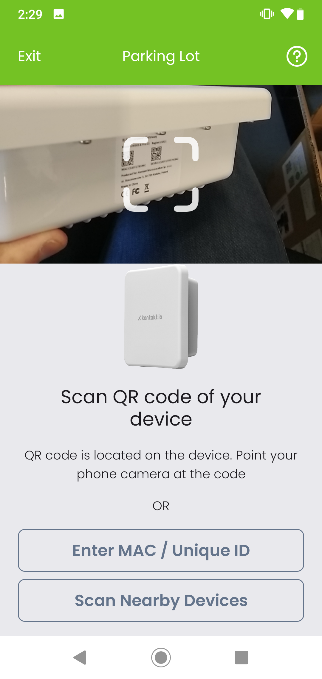 Kio Setup Manager QR-code scanner used to scan the QR on the gateway label