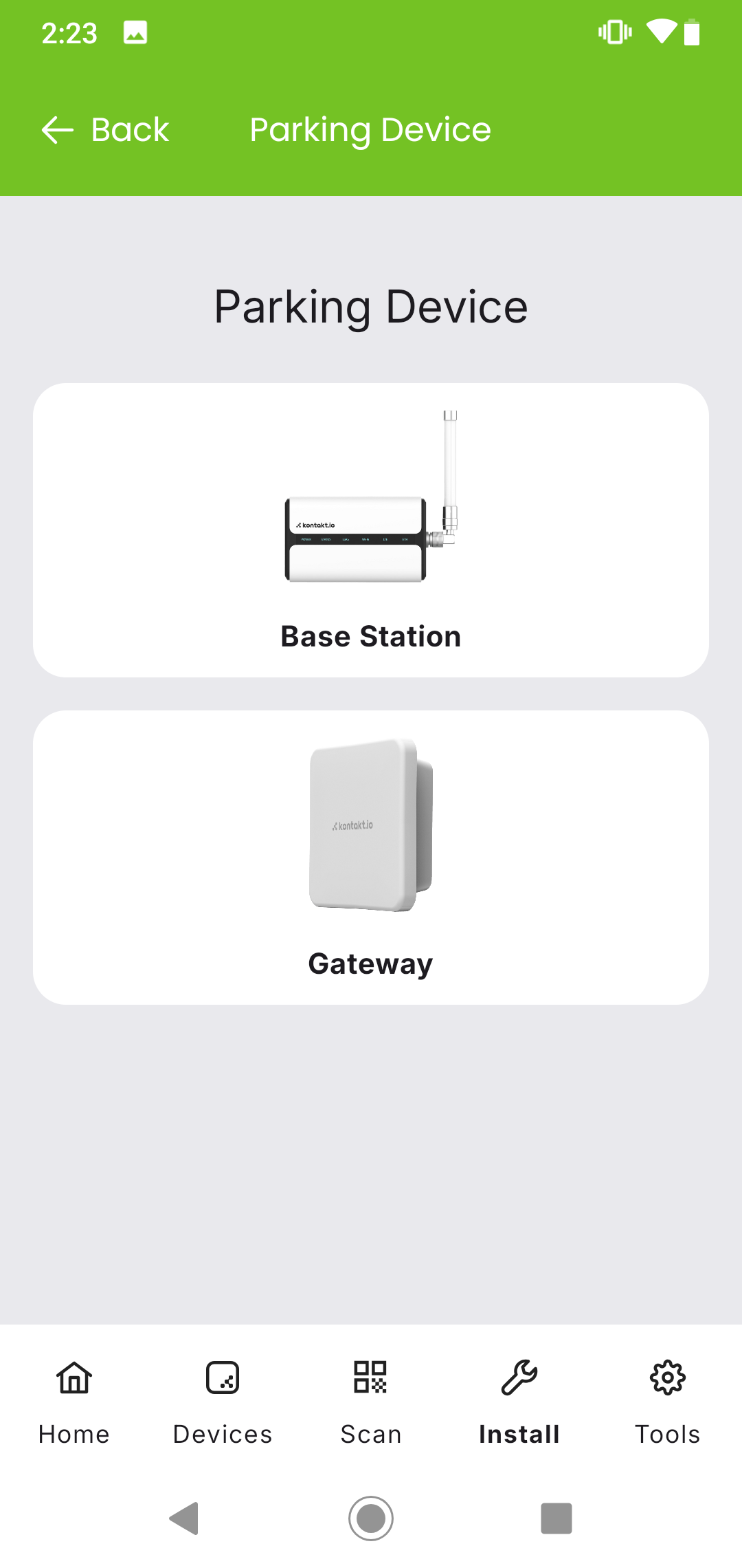 Kio Setup Manager device type selection within Parking Lot Devices