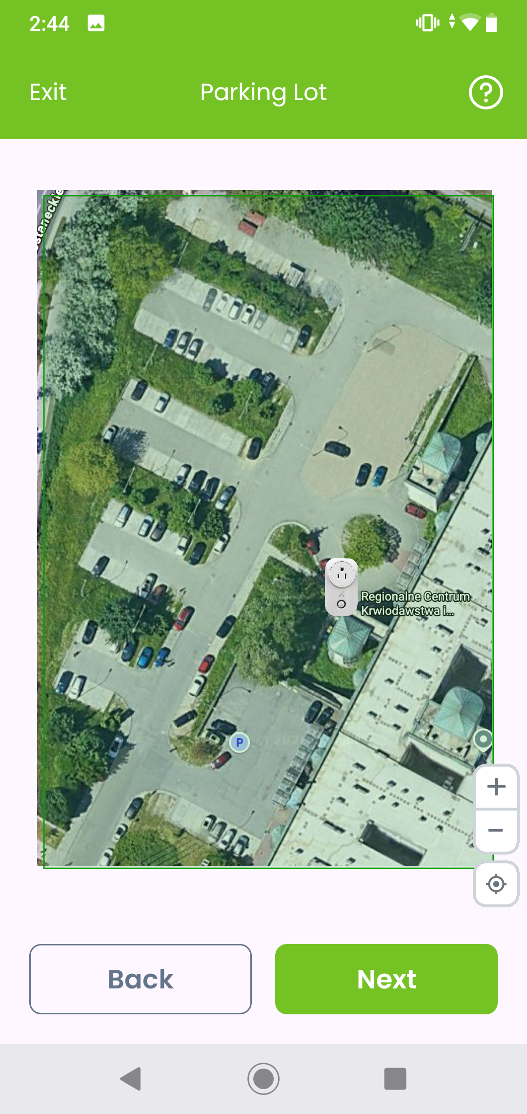Kio Setup Manager map-placement screen showing the gateway pin on the Parking Lot floor map
