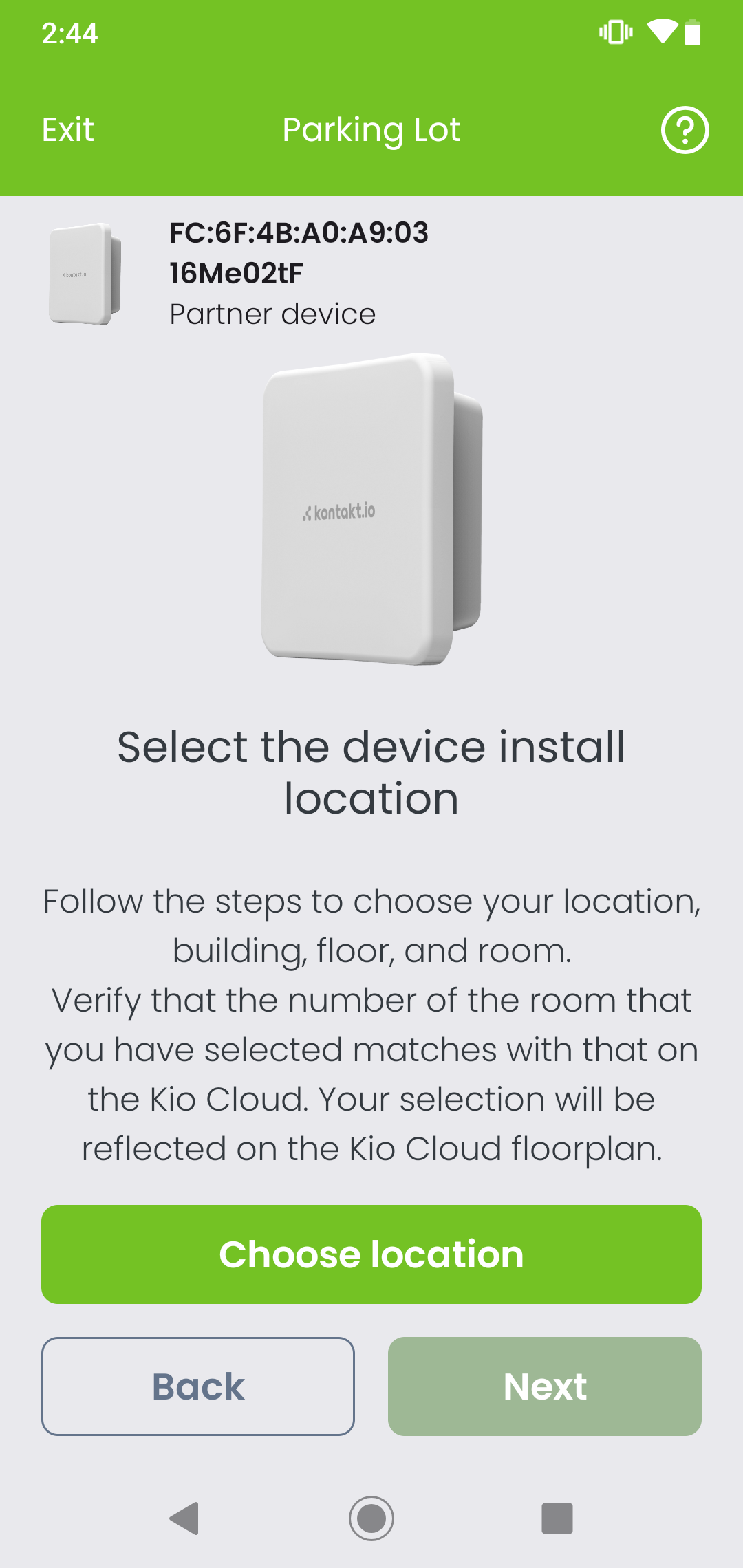 Kio Setup Manager Smart Location selector with the Parking Lot floor selected under the campus