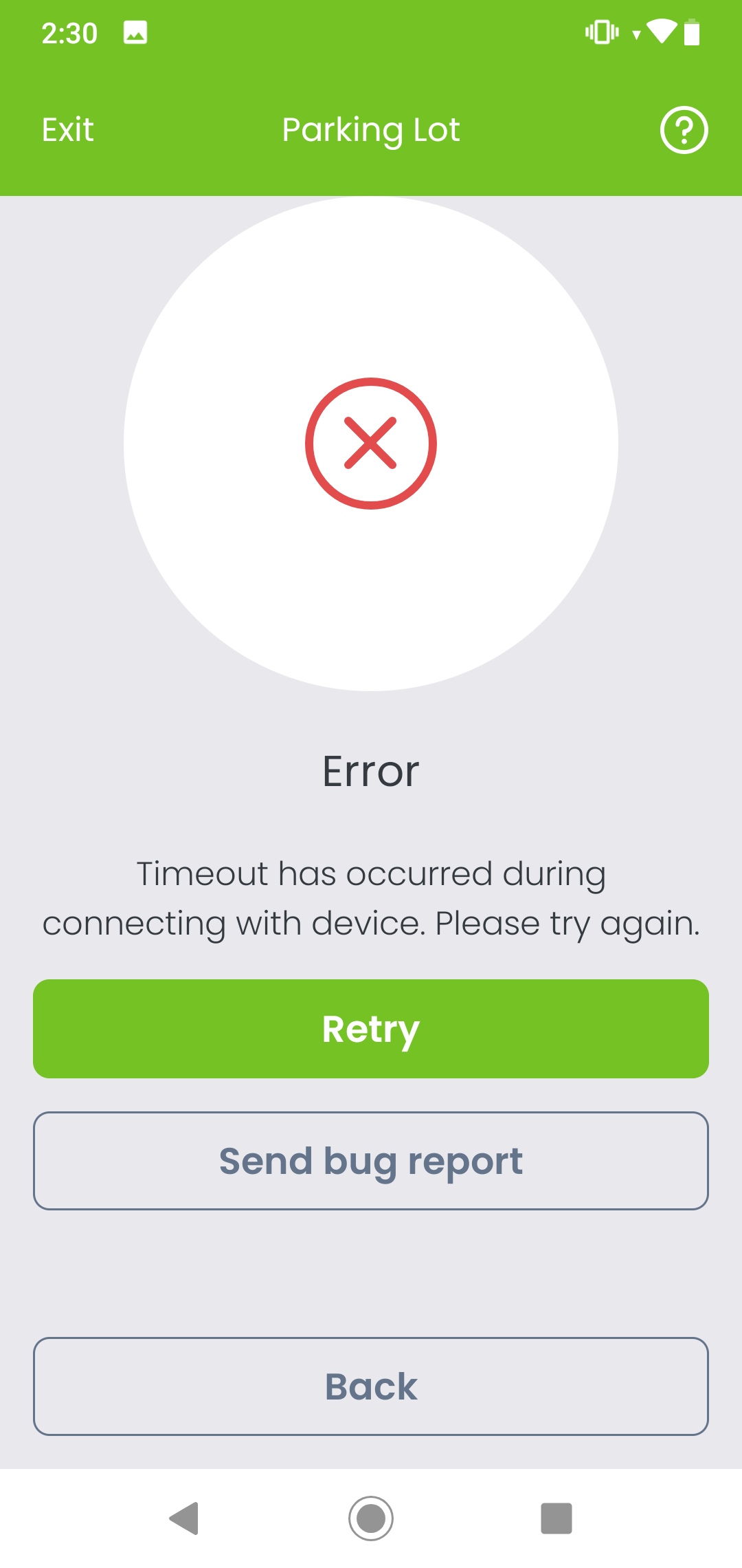 Kio Setup Manager timeout error screen shown when the gateway does not come online within the connection window