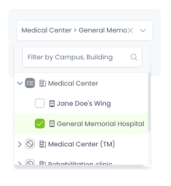 The previous Simple View filter, a single Filter by Campus, Building tree listing Medical Center with its buildings and checkboxes, with no Floor or Department option
