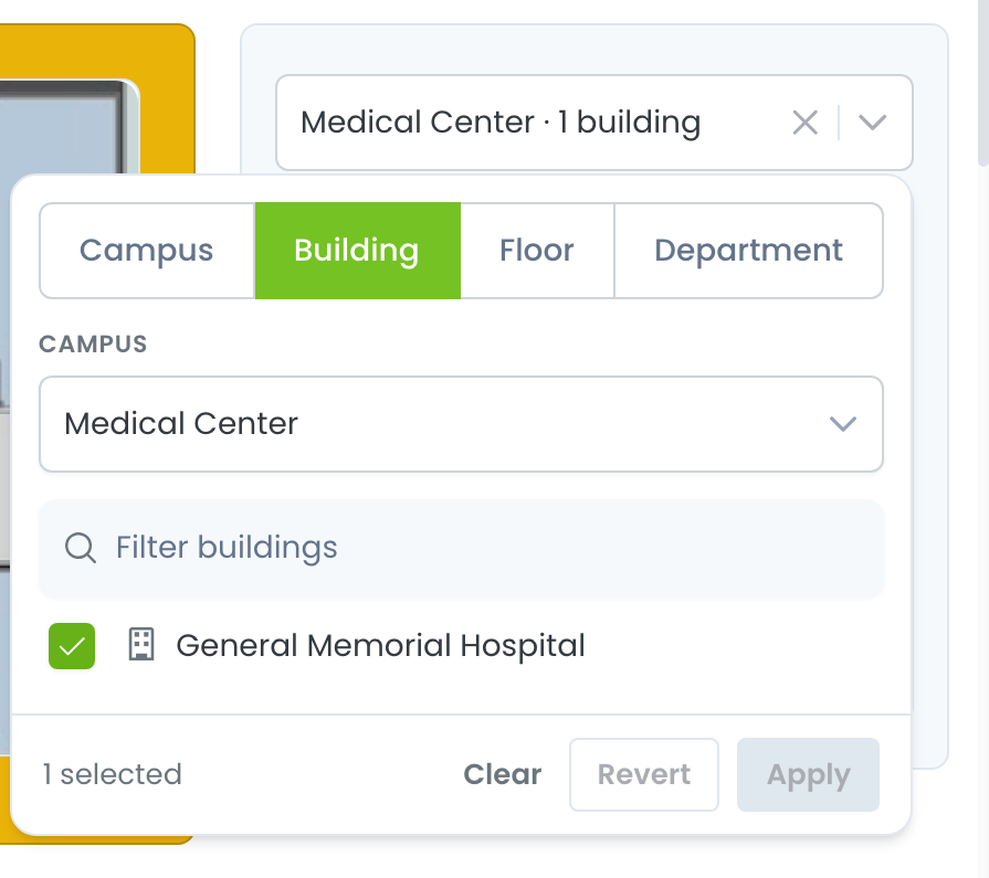 The Simple View filter open on the Building tab, showing tabs for Campus, Building, Floor, and Department, a Campus list set to Medical Center, a Filter buildings search box, a checkbox list of buildings, and a footer reading 1 selected with Clear, Revert, and Apply