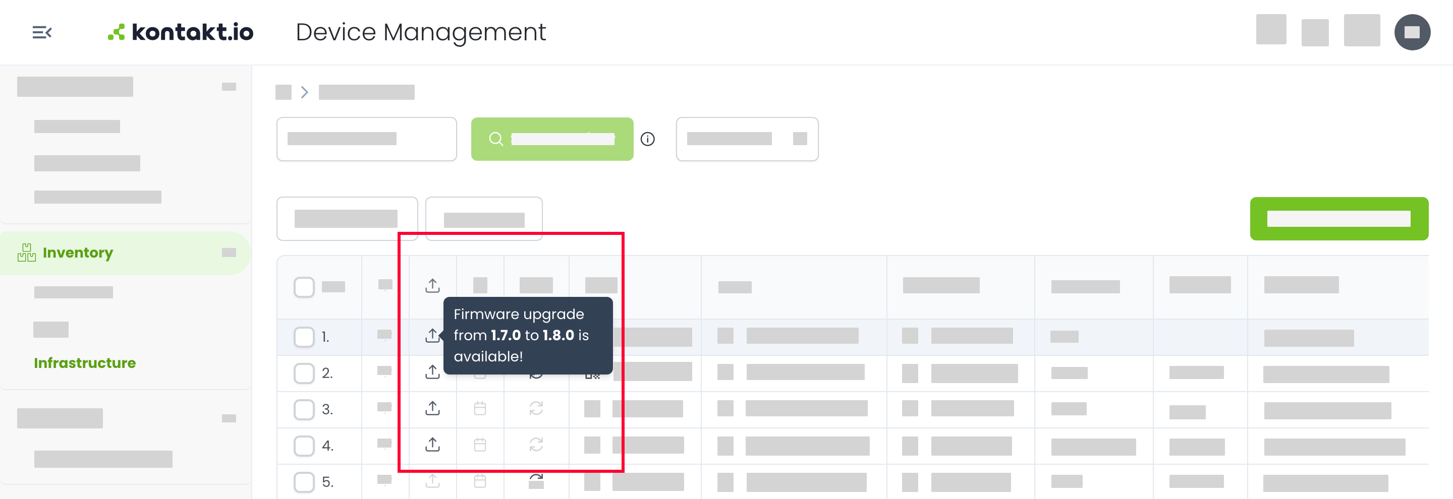 The Available Firmware Upgrade column in the Device Management Inventory list. A black upgrade icon marks each device with an upgrade available, and pointing to one shows the versions, for example Firmware upgrade from 1.7.0 to 1.8.0 is available.