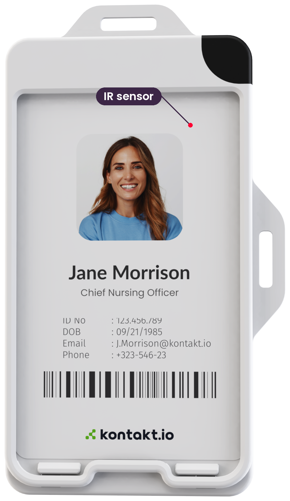 Smart Badge 3 showing the black IR sensor corner