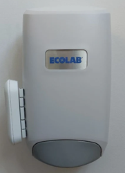 Ecolab Nexa Compact Manual dispenser with the Universal Dispenser Beacon mounted on the left side