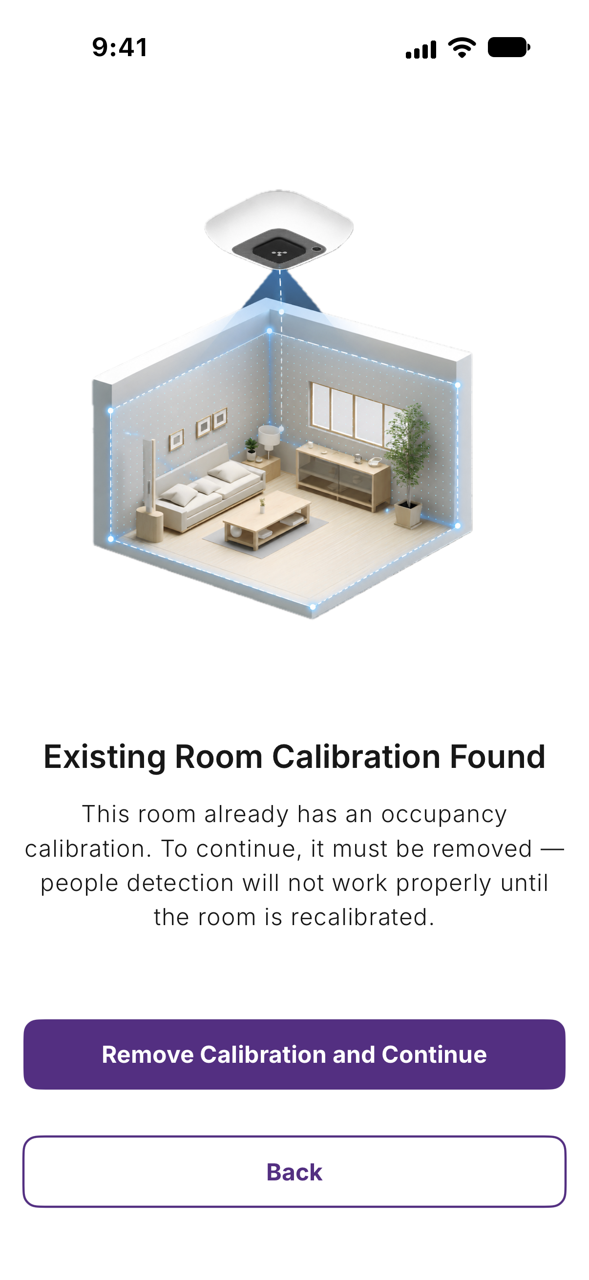 Kio Setup Manager Existing Room Calibration Found screen