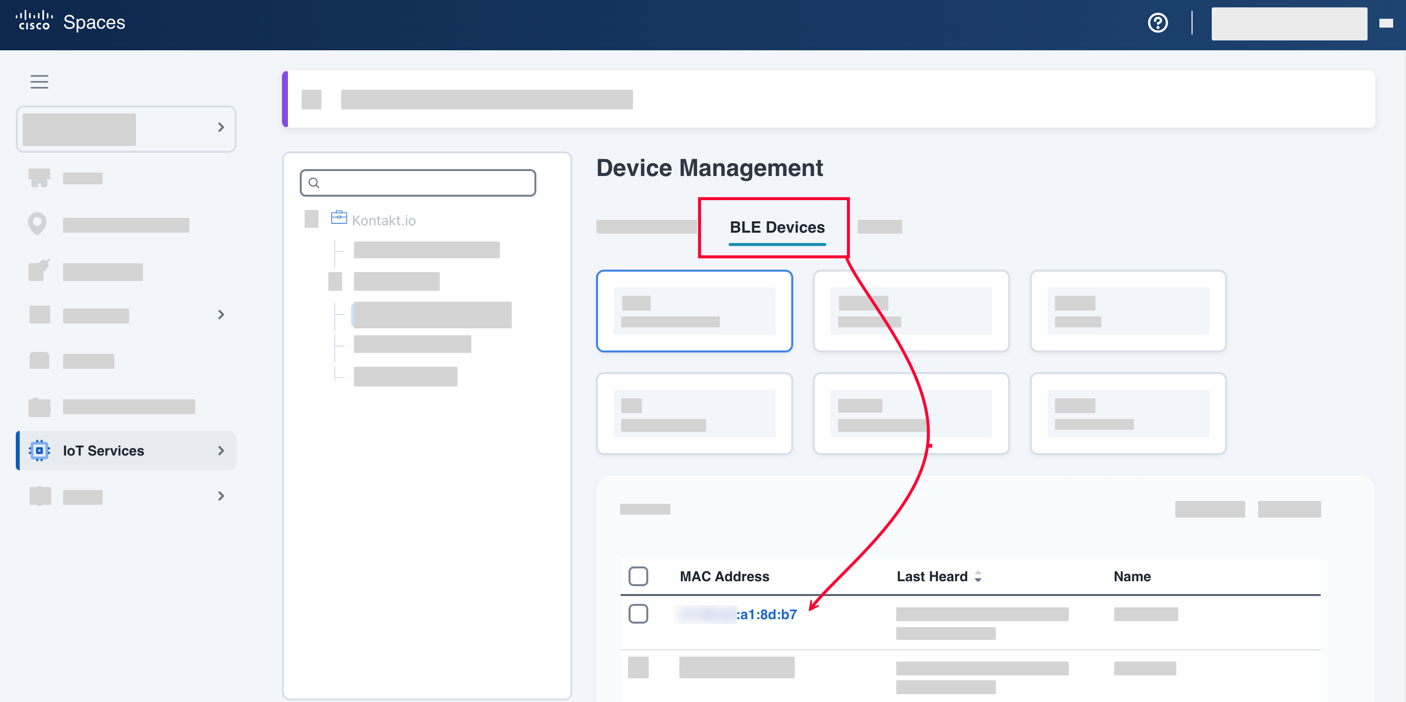 Cisco Spaces Device Management BLE Devices tab with a device MAC address selected