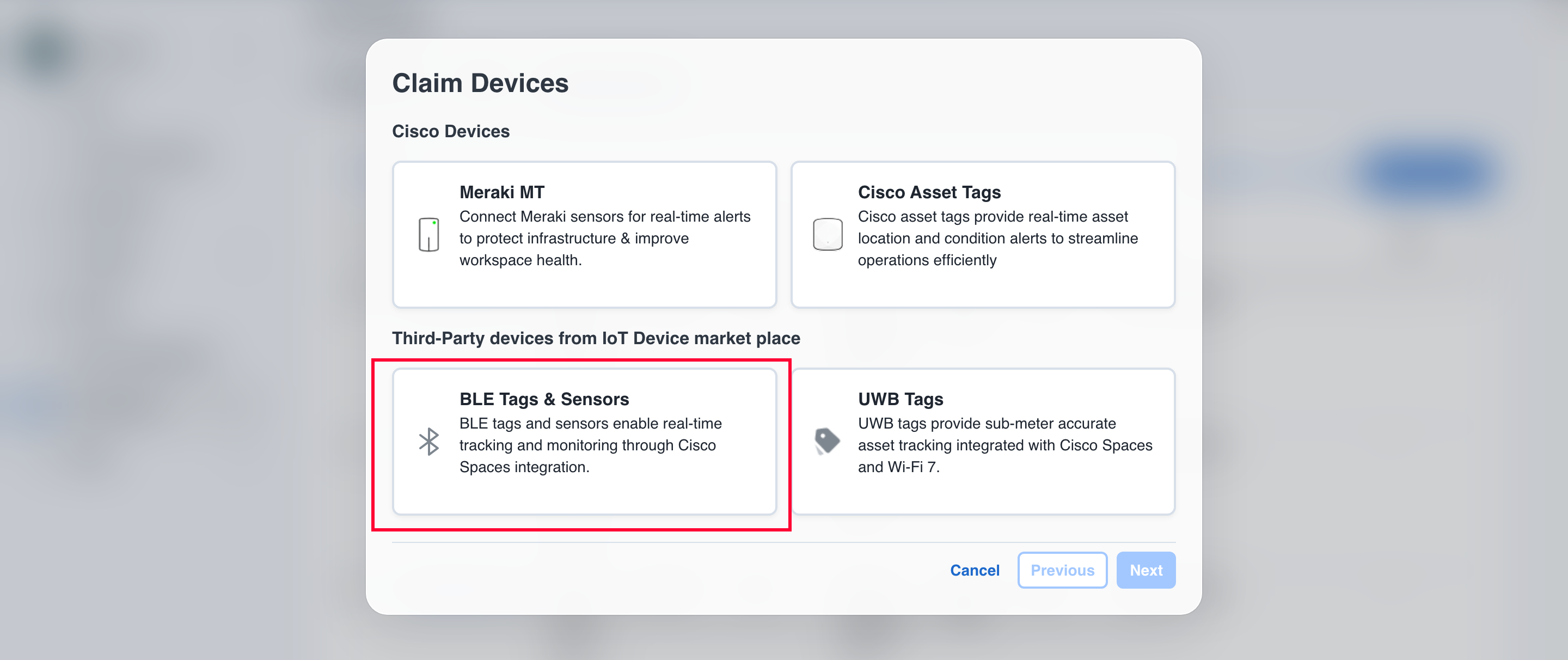 Cisco Spaces Claim Devices with BLE Tags and Sensors selected