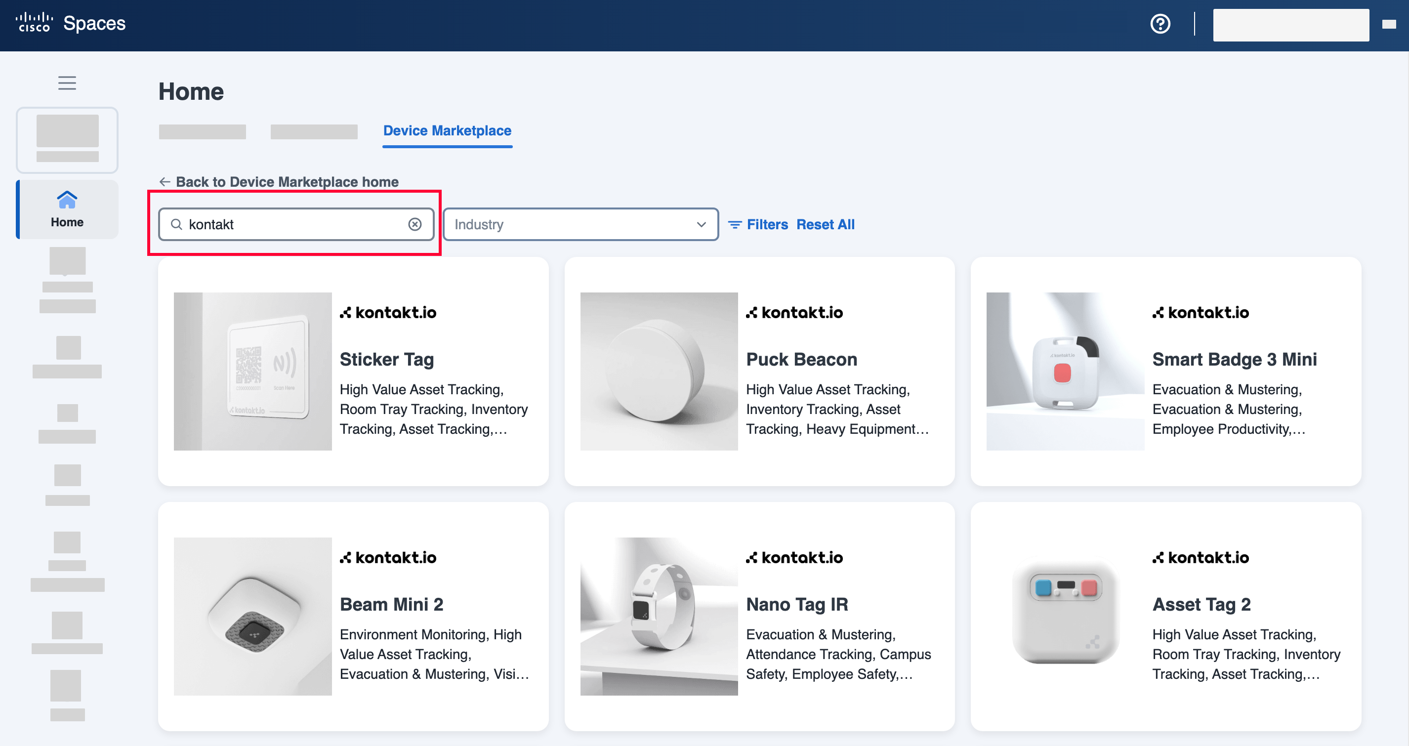 Cisco Spaces Device Marketplace search results for Kontakt.io devices