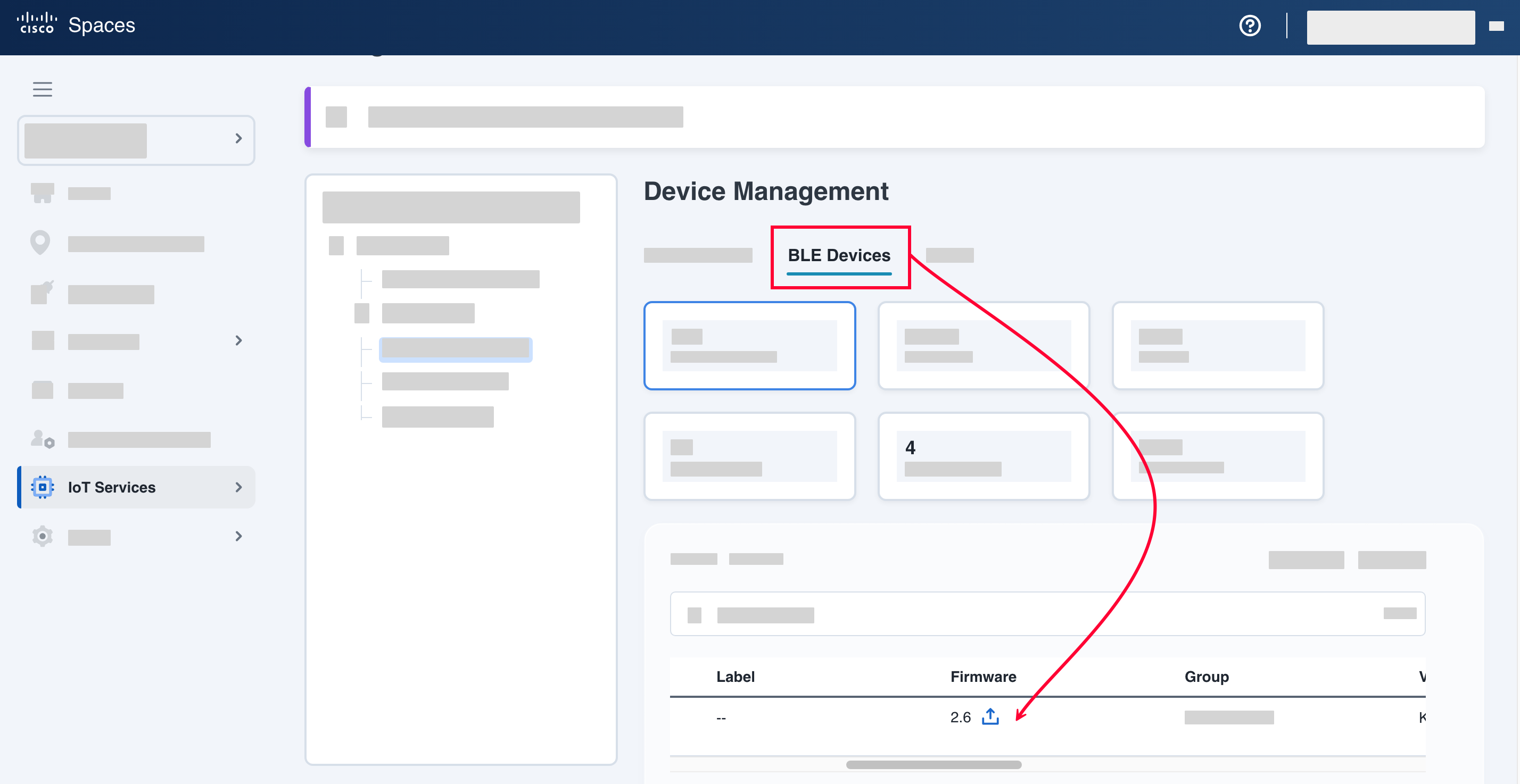 Cisco Spaces BLE Devices list with the upgrade icon in the Firmware column