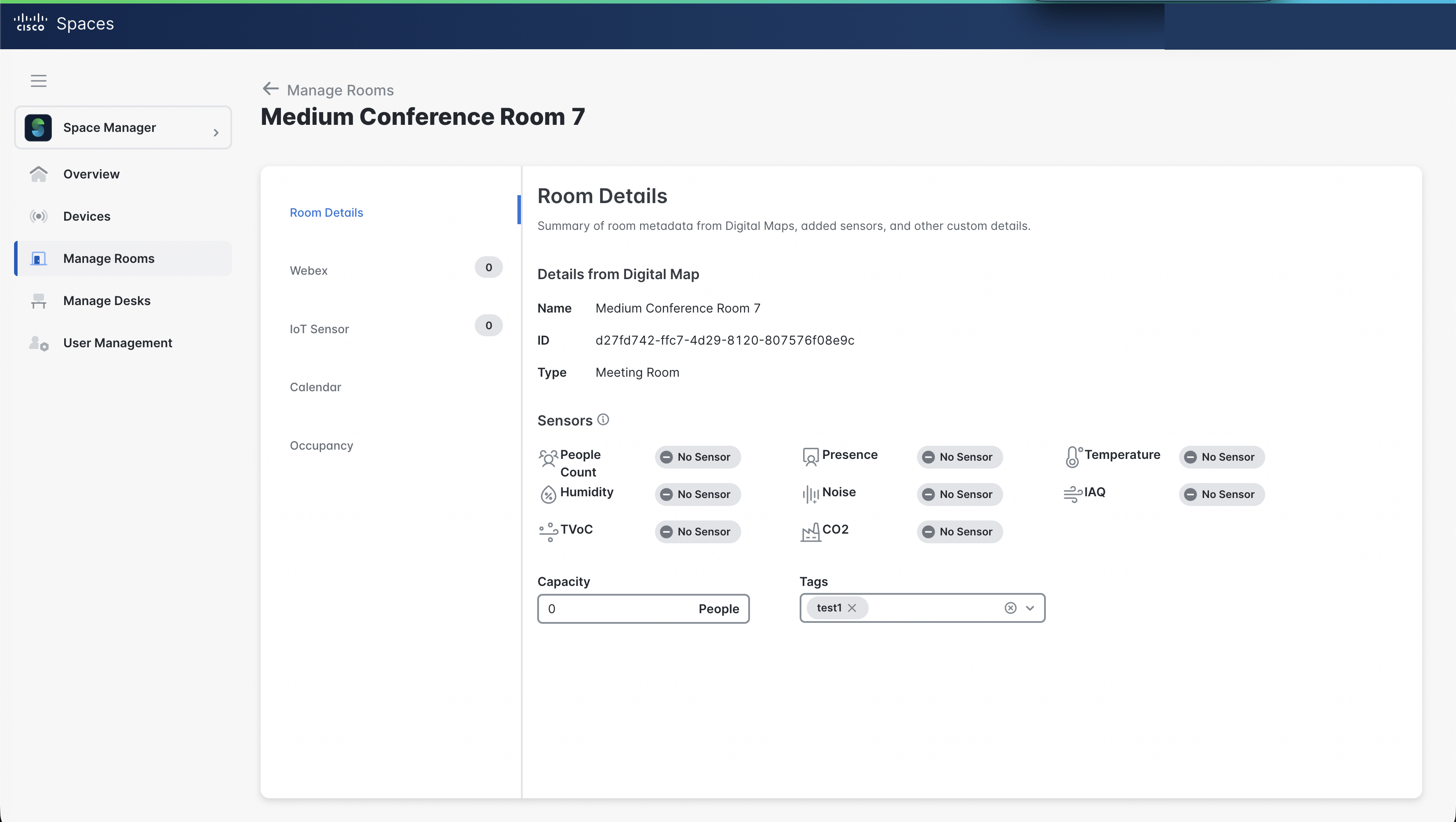 Cisco Spaces Space Manager Room Details with the Capacity field