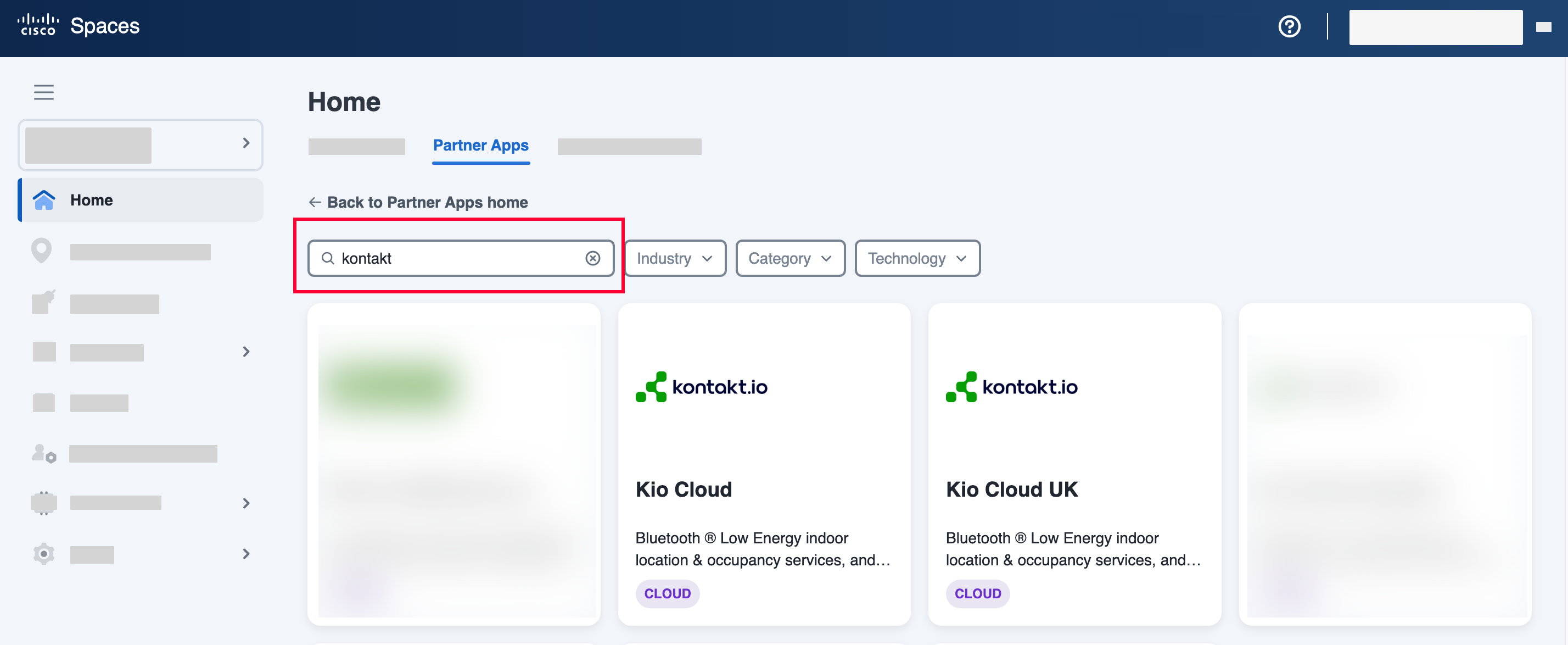 Cisco Spaces Partner Apps search results showing the Kio Cloud and Kio Cloud UK apps