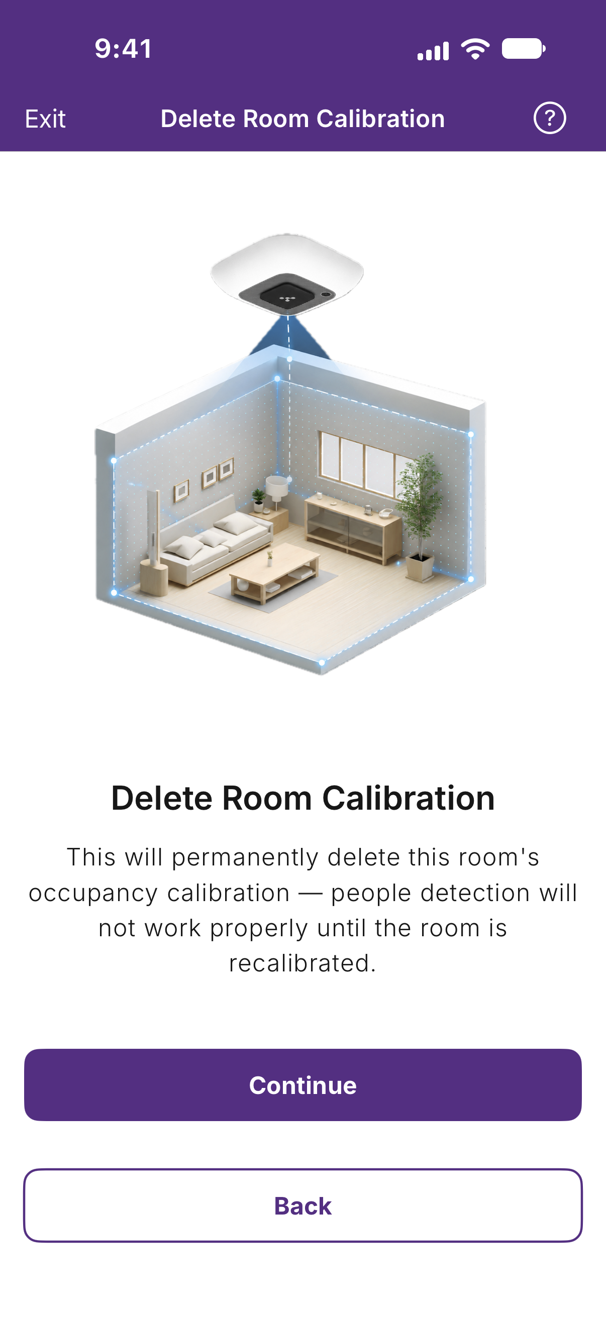 Kio Setup Manager Delete Room Calibration screen