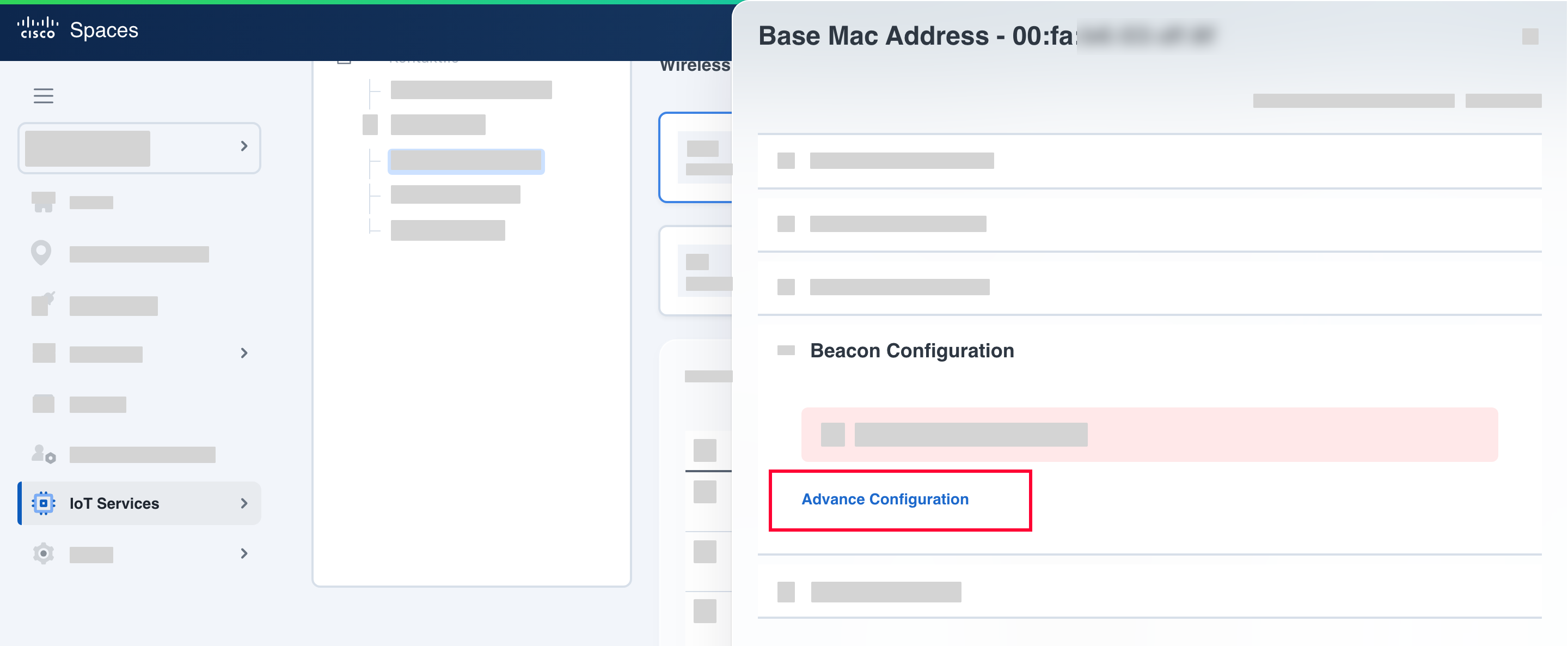 Cisco Spaces device details with Advance Configuration in the Beacon Configuration section