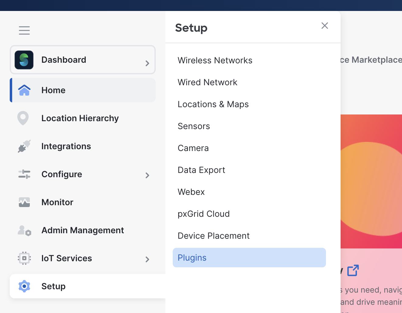 Cisco Spaces Setup menu with Plugins selected