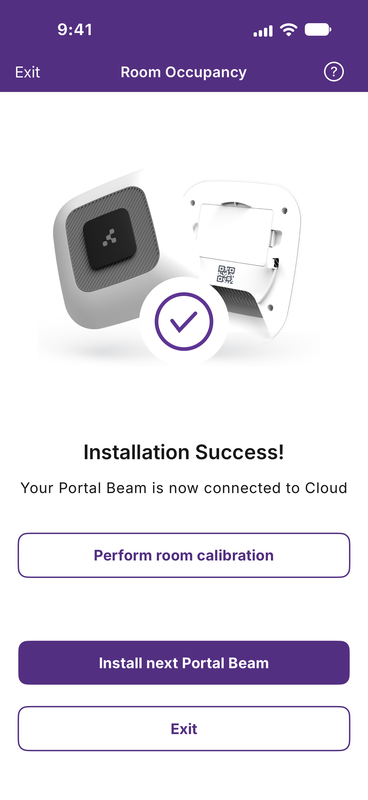 Kio Setup Manager Installation Success screen with Perform room calibration
