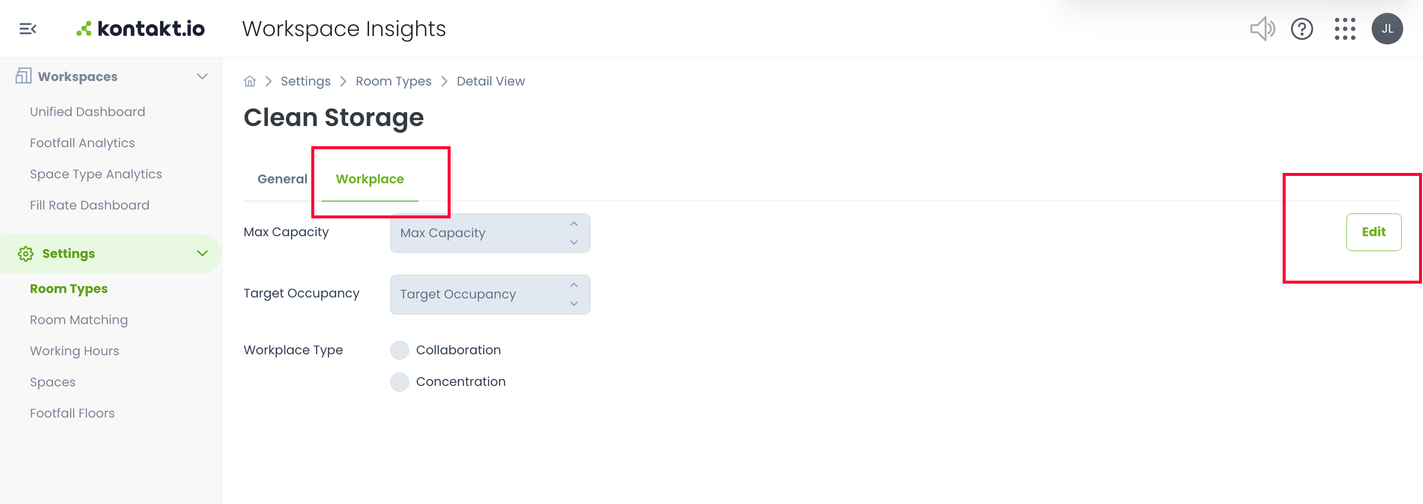Workspace Insights Room Type Workplace tab with Edit
