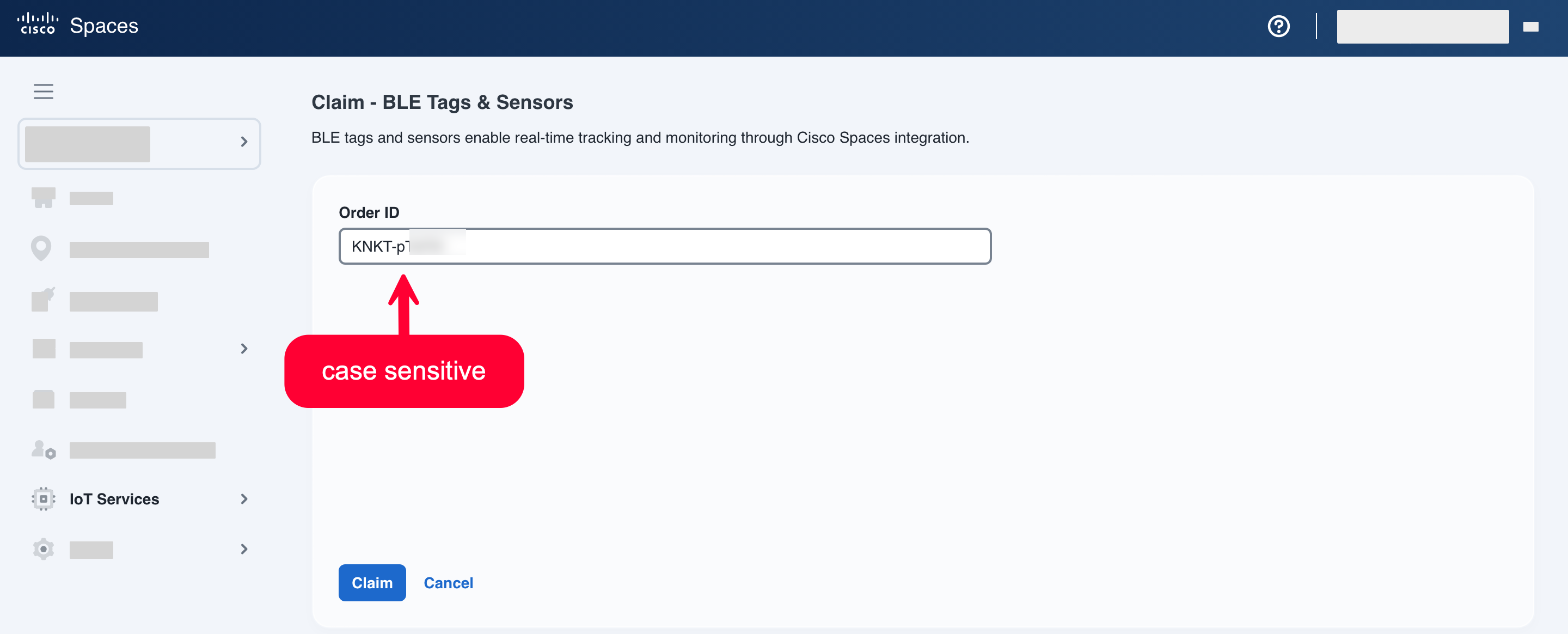 Cisco Spaces Claim BLE Tags and Sensors Order ID field