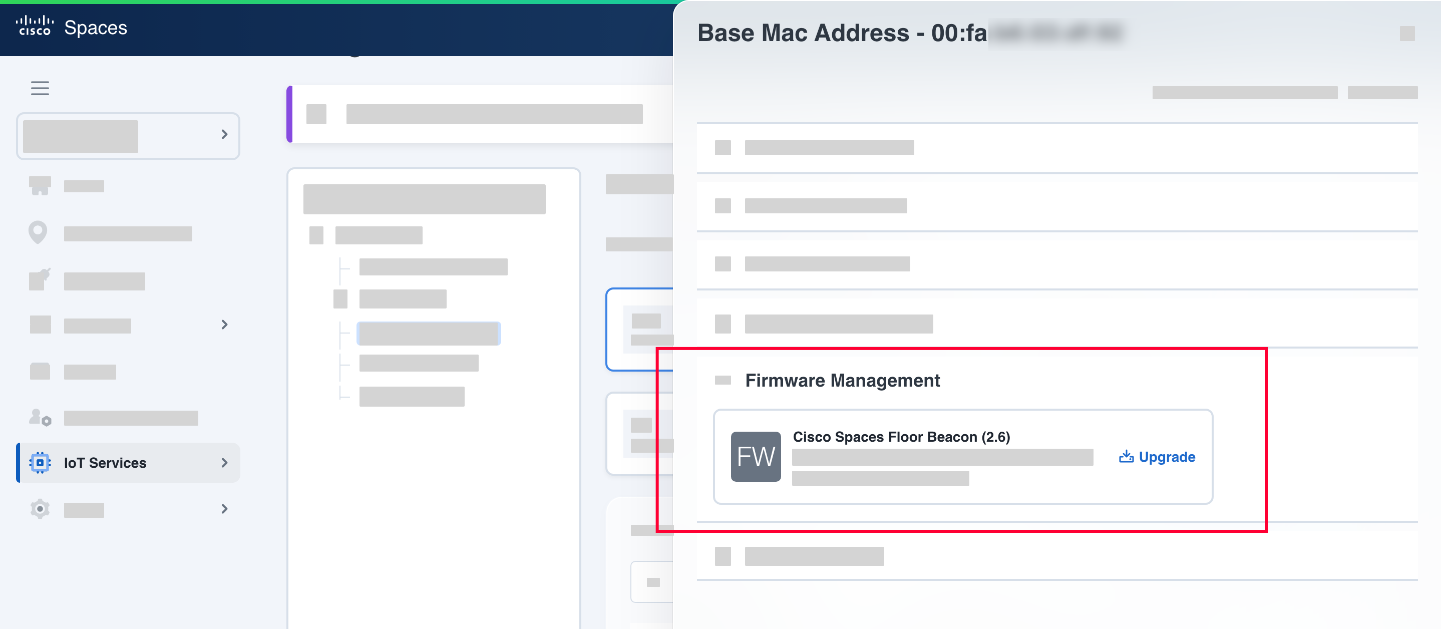 Cisco Spaces device details with Upgrade in the Firmware Management section